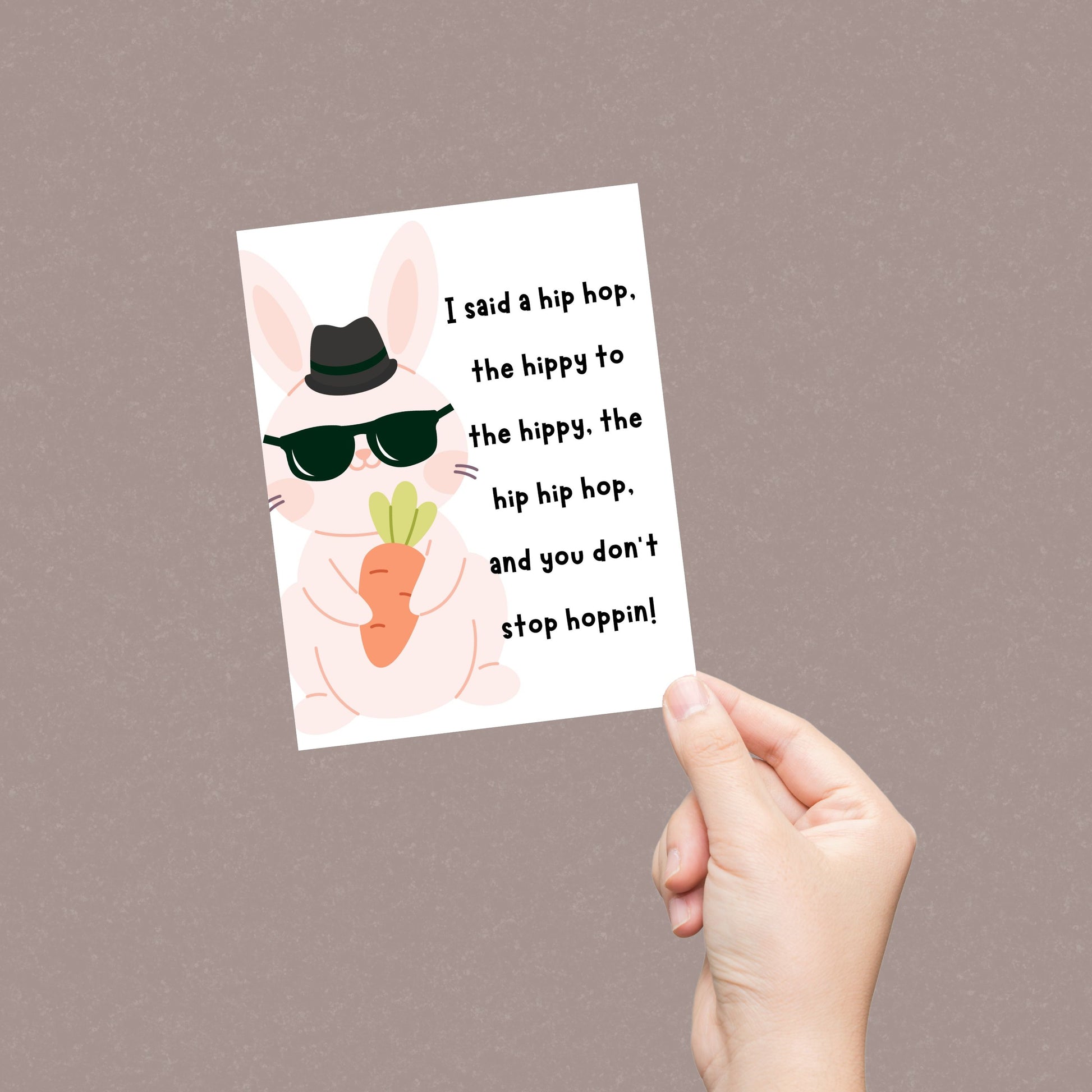 Funny Easter card featuring a rapper bunny with a parody of "Rapper’s Delight" lyrics. Perfect for music lovers, hip-hop fans, and Easter humor. Great for friends, family, and nostalgic '80s vibes. Celebrate Easter with laughs and hip-hop hoppin’ fun!