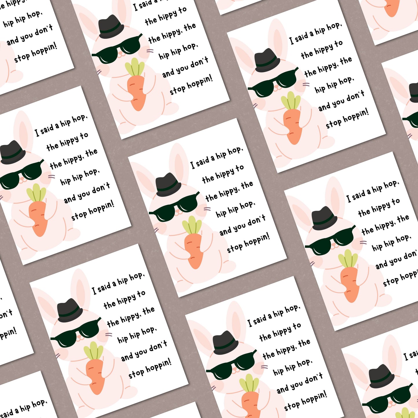 Funny Easter card featuring a rapper bunny with a parody of "Rapper’s Delight" lyrics. Perfect for music lovers, hip-hop fans, and Easter humor. Great for friends, family, and nostalgic '80s vibes. Celebrate Easter with laughs and hip-hop hoppin’ fun!