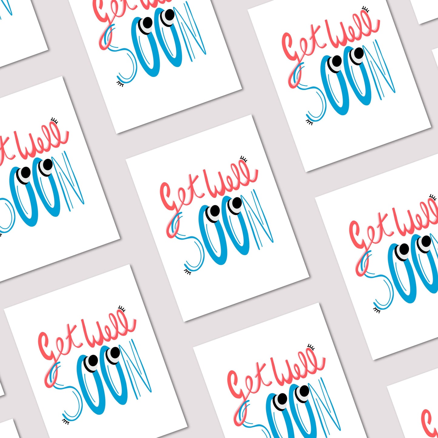 Greeting card with the phrase Get Well Soon featuring original lettering with two big googly eyes. Perfect for cheering up someone who is feeling under the weather with a playful and eye-catching touch.
