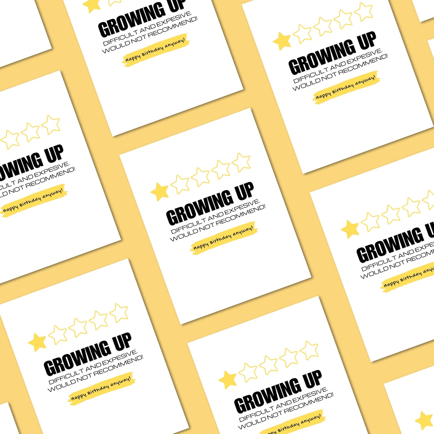 Greeting card with the phrase Growing Up: Difficult and Expensive, Would Not Recommend designed like a product review with 5 yellow stars, but only one colored in. Perfect for humorously acknowledging the challenges of adulting.