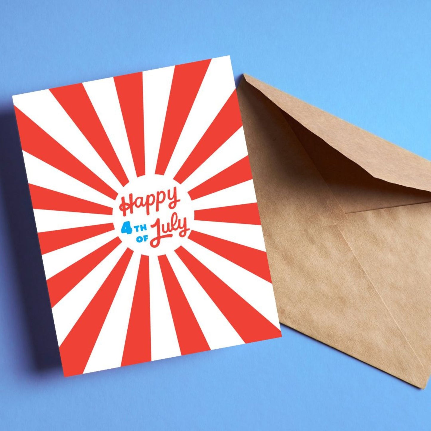 Greeting card with the phrase Happy 4th of July written in bold blue and red letters, featuring red rays in the background. Perfect for adding a patriotic touch to Independence Day celebrations.
