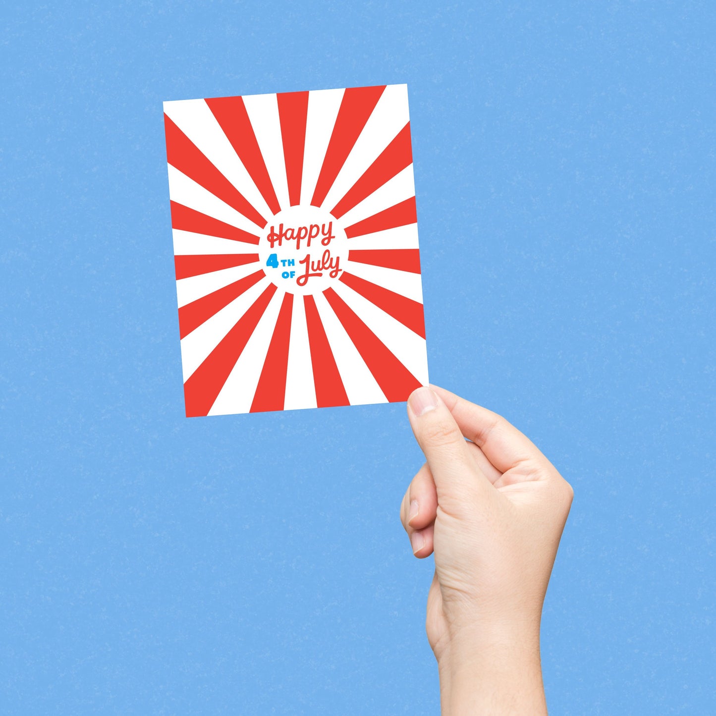 Greeting card with the phrase Happy 4th of July written in bold blue and red letters, featuring red rays in the background. Perfect for adding a patriotic touch to Independence Day celebrations.