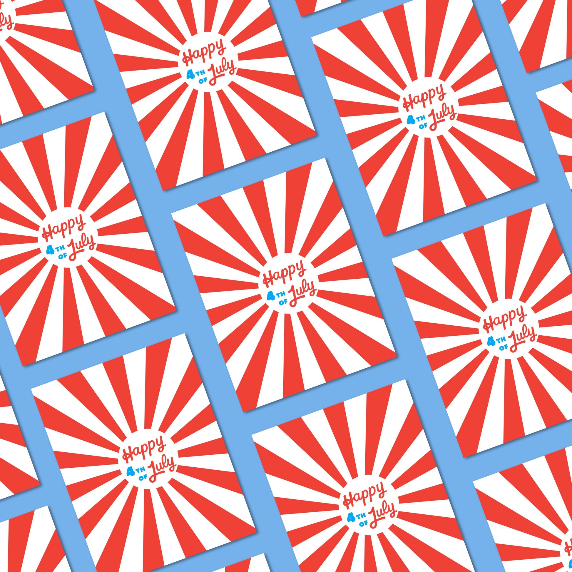 Greeting card with the phrase Happy 4th of July written in bold blue and red letters, featuring red rays in the background. Perfect for adding a patriotic touch to Independence Day celebrations.