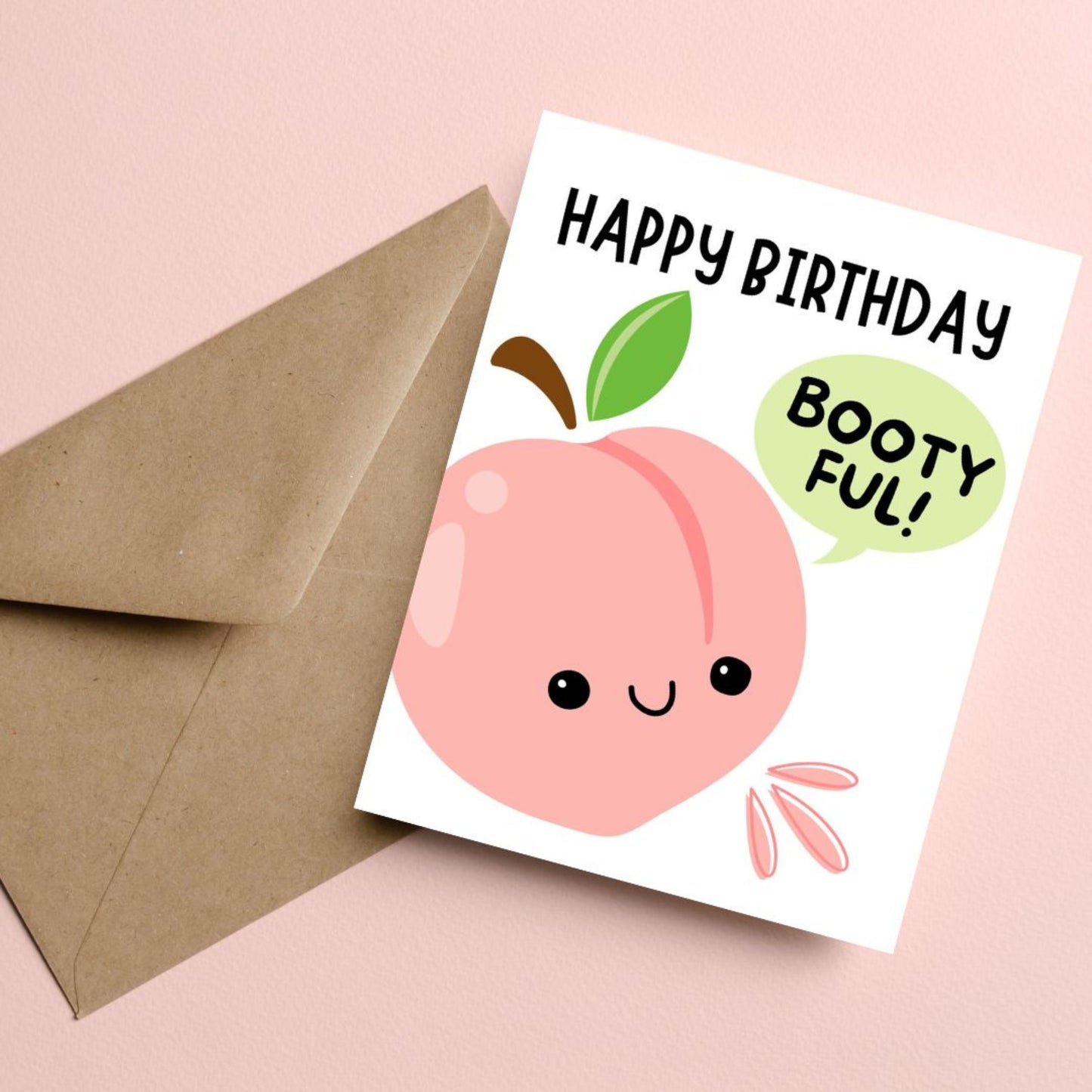 Funny birthday card with a cute smiling peach illustration and the phrase "Happy Birthday Bootyful", perfect for friends, partner, or loved ones who love puns, humor, and playful birthday wishes.