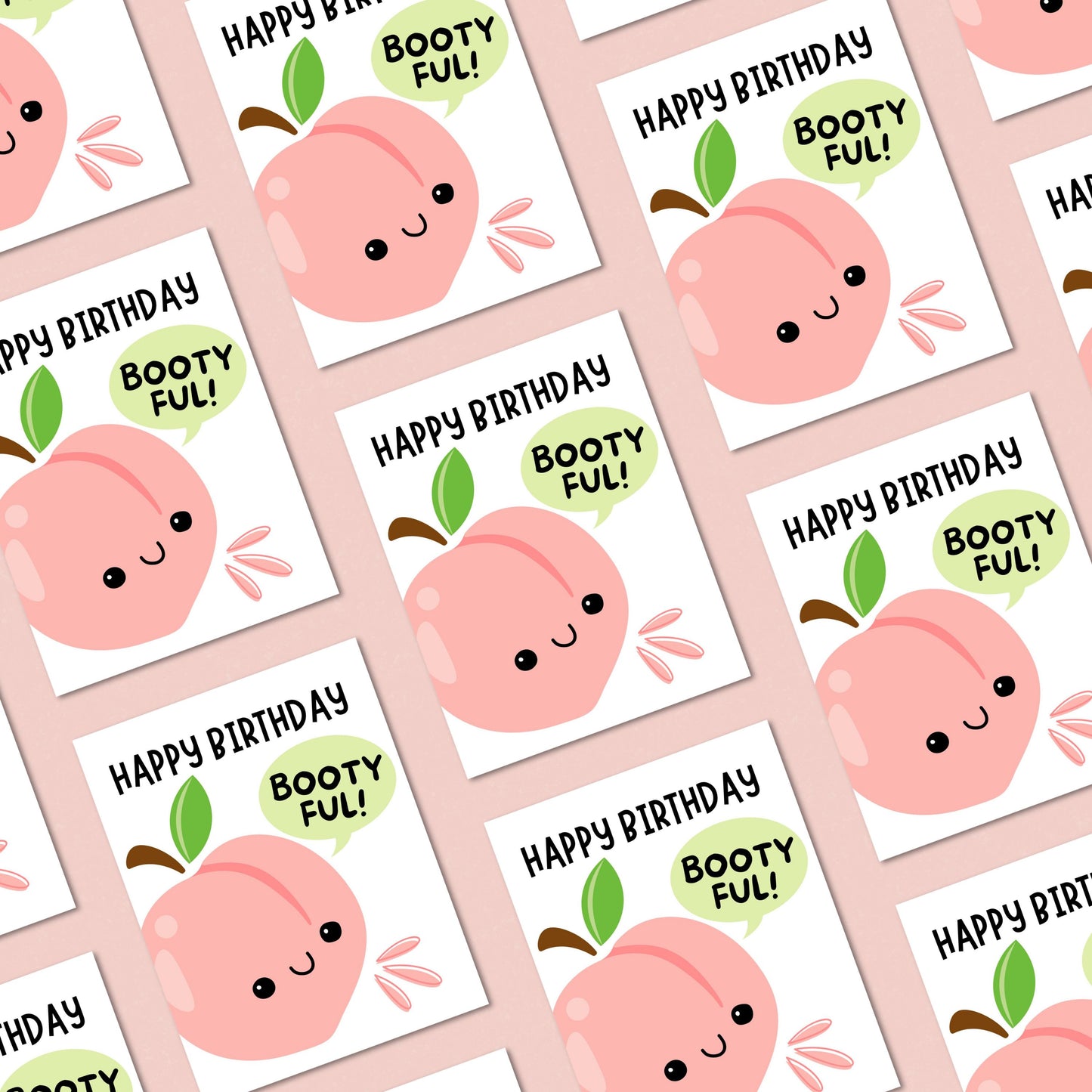 Funny birthday card with a cute smiling peach illustration and the phrase "Happy Birthday Bootyful", perfect for friends, partner, or loved ones who love puns, humor, and playful birthday wishes.
