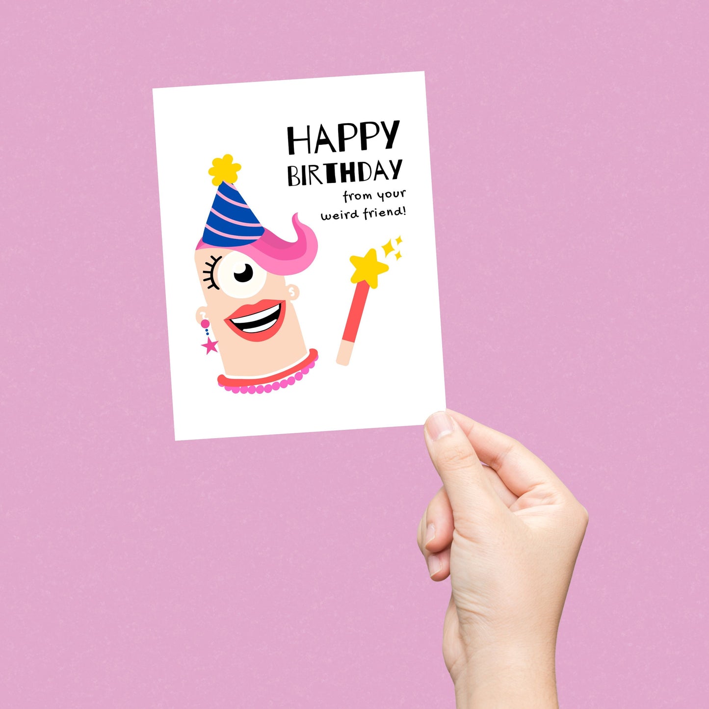 Greeting card with the phrase Happy Birthday From Your Weird Friend featuring bold letters and an original drawing of a colorful, quirky lady. Perfect for celebrating a friend’s birthday with humor and a touch of eccentricity.