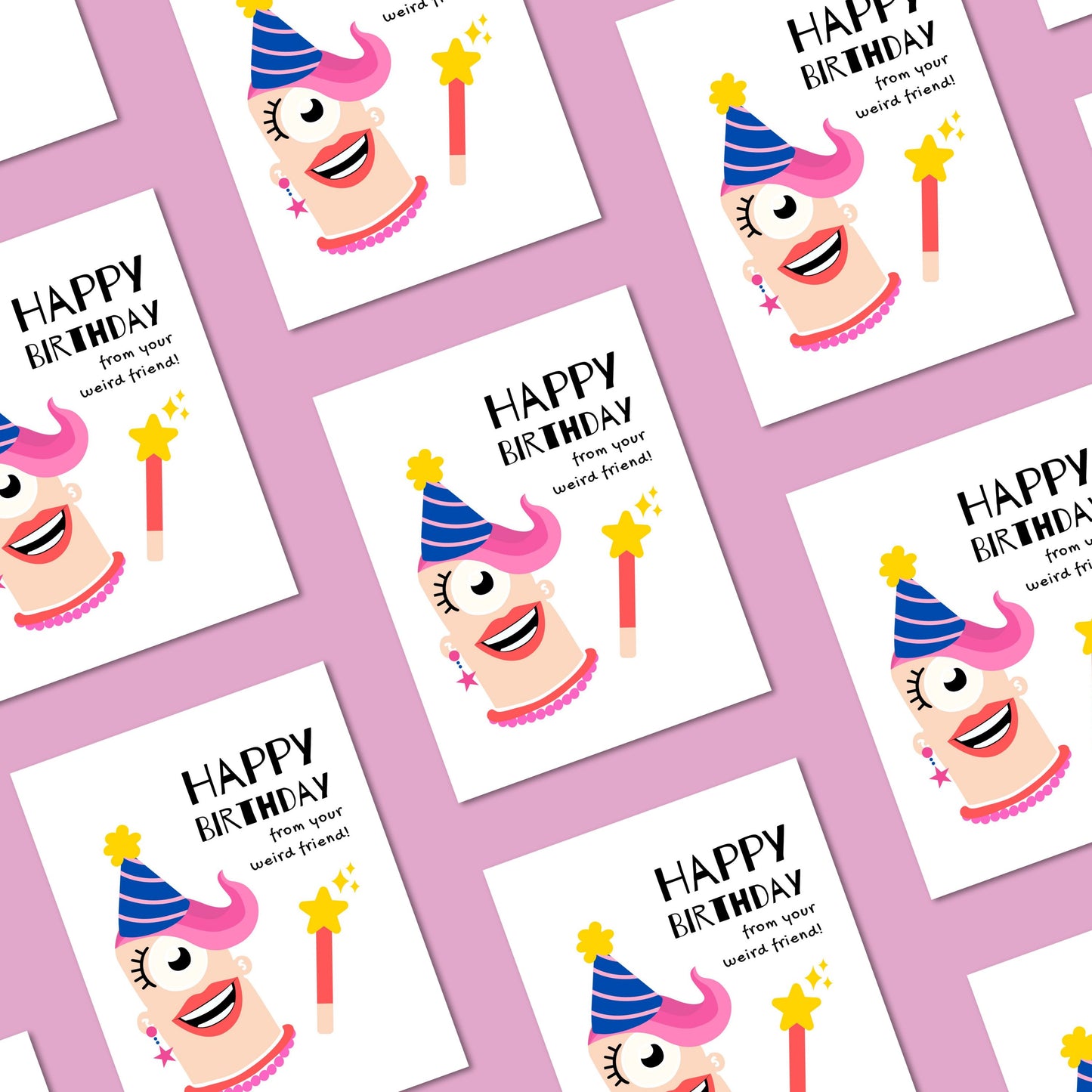 Greeting card with the phrase Happy Birthday From Your Weird Friend featuring bold letters and an original drawing of a colorful, quirky lady. Perfect for celebrating a friend’s birthday with humor and a touch of eccentricity.
