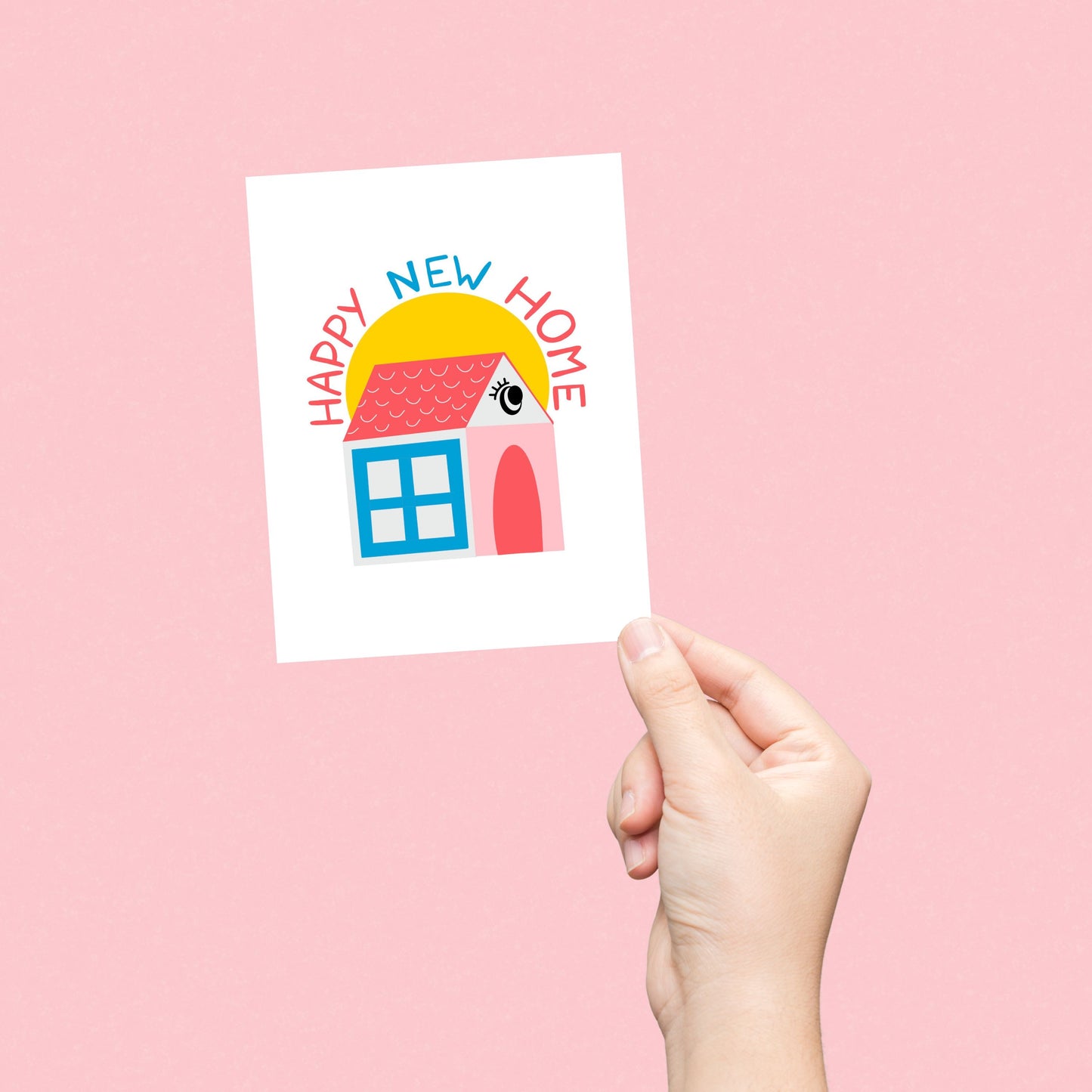 Greeting card with a cute, original drawing of a house and the phrase "Happy New Home." Perfect for celebrating new beginnings and housewarming occasions with humor and charm.