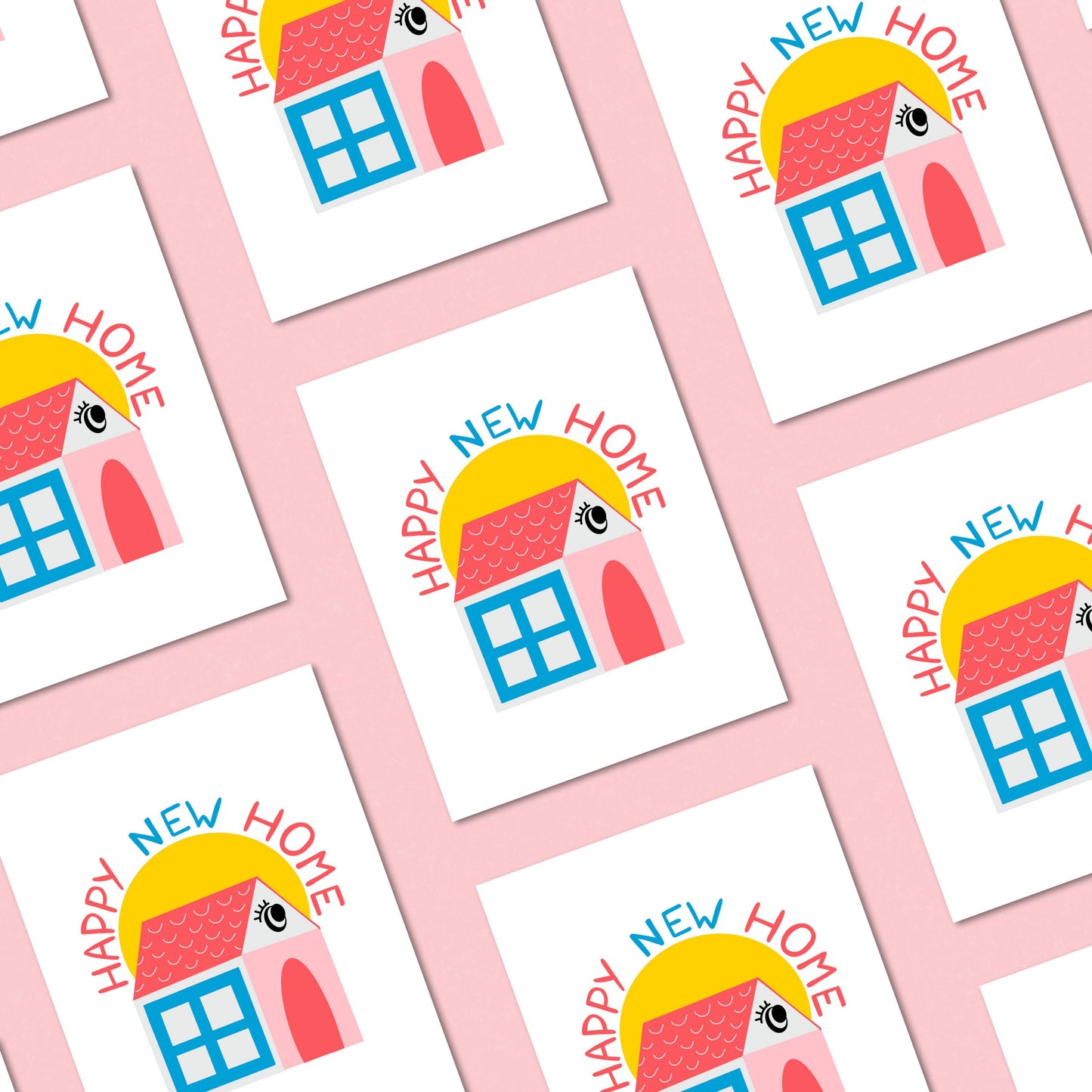 Greeting card with a cute, original drawing of a house and the phrase "Happy New Home." Perfect for celebrating new beginnings and housewarming occasions with humor and charm.