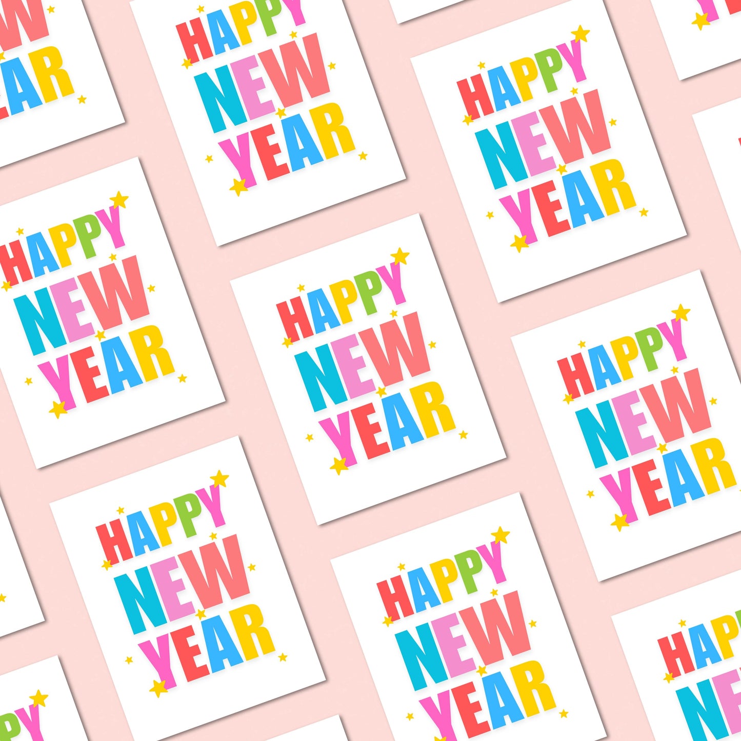 Colorful Happy New Year greeting card featuring bold rainbow letters spelling "Happy New Year," surrounded by festive stars on a white background. Perfect for spreading New Year's cheer.