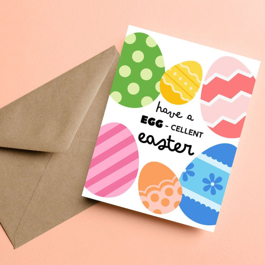 Colorful Easter greeting card with cute eggs and the phrase “Have An Egg-cellent Easter" in playful lettering. Perfect for celebrating Easter with friends and family, this fun card adds a cheerful touch to any Easter basket or springtime gift.