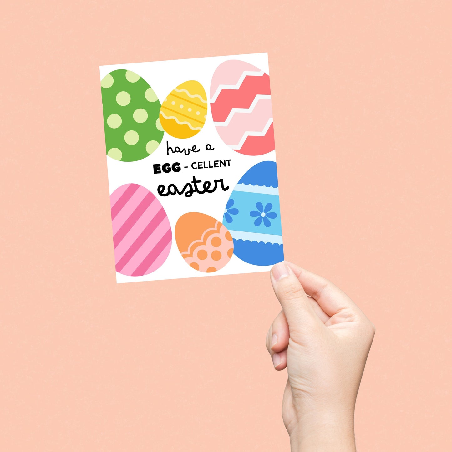 Colorful Easter greeting card with cute eggs and the phrase “Have An Egg-cellent Easter" in playful lettering. Perfect for celebrating Easter with friends and family, this fun card adds a cheerful touch to any Easter basket or springtime gift.
