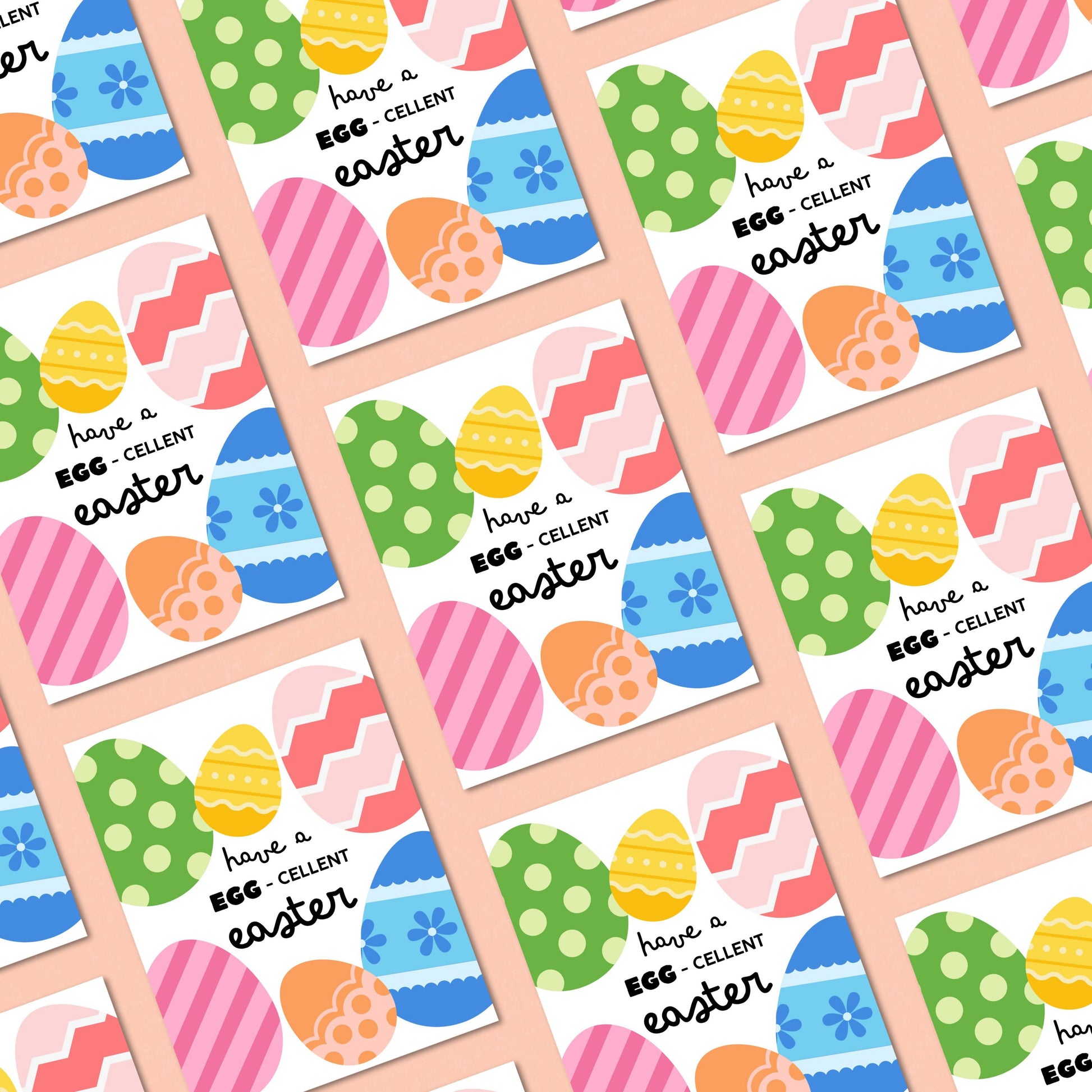 Colorful Easter greeting card with cute eggs and the phrase “Have An Egg-cellent Easter" in playful lettering. Perfect for celebrating Easter with friends and family, this fun card adds a cheerful touch to any Easter basket or springtime gift.