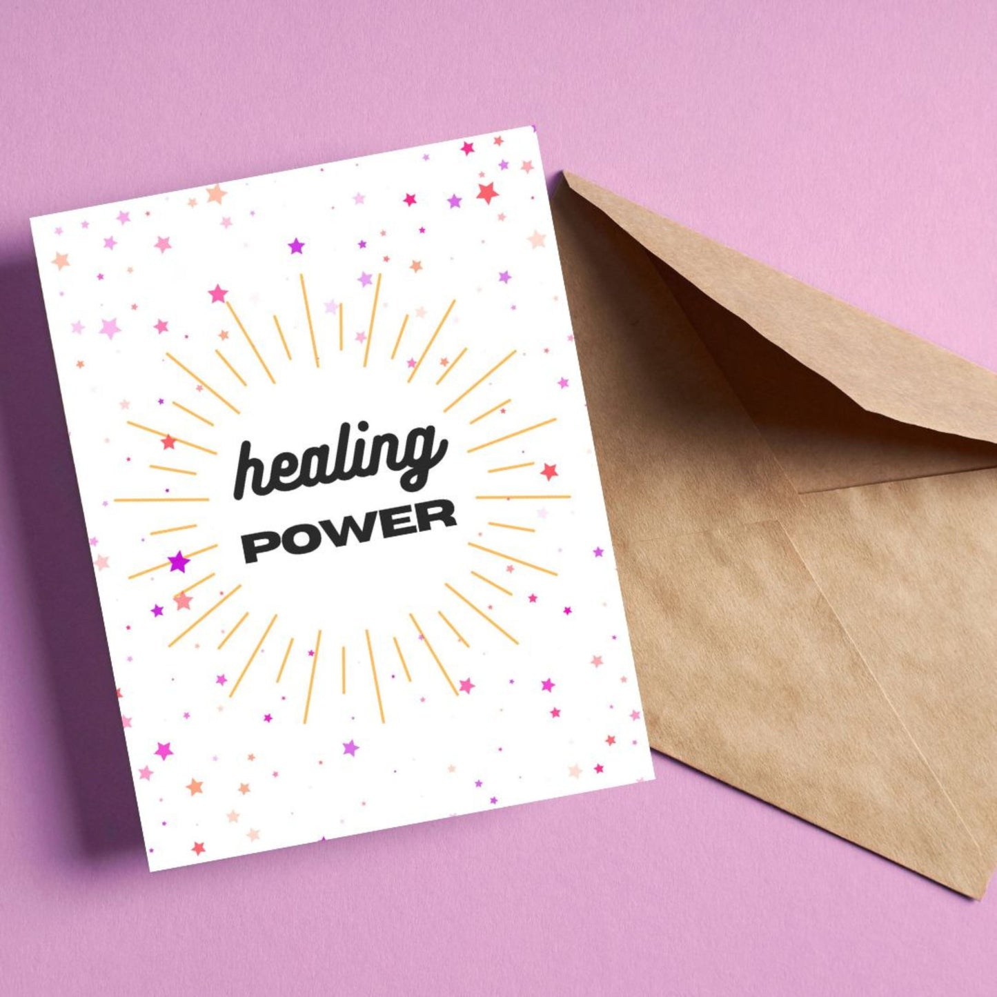 Funny get well soon card with stars and the phrase "Healing Power", perfect for sending cheerful recovery wishes, positive vibes, and a little cosmic humor to someone feeling sick, down, or going through a tough time.