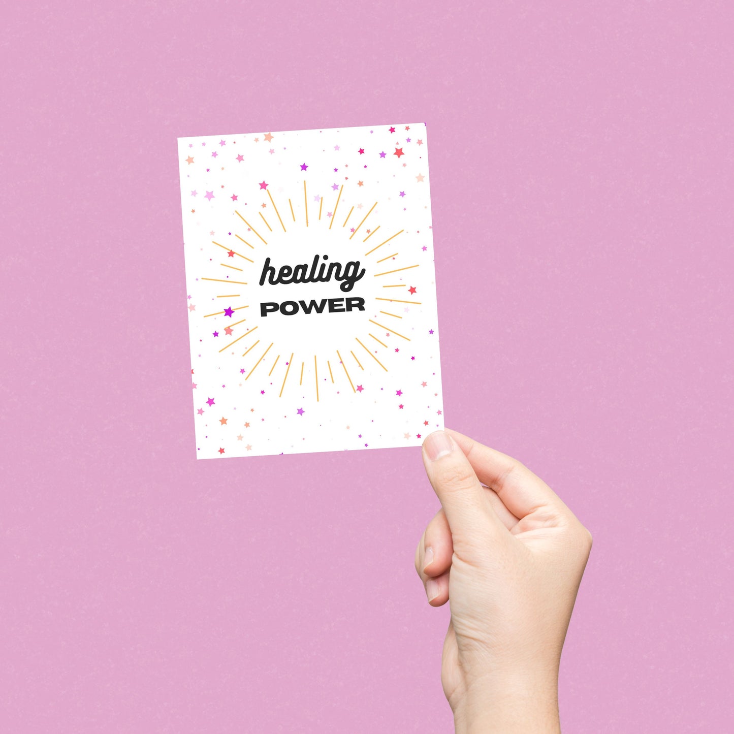 Funny get well soon card with stars and the phrase "Healing Power", perfect for sending cheerful recovery wishes, positive vibes, and a little cosmic humor to someone feeling sick, down, or going through a tough time.