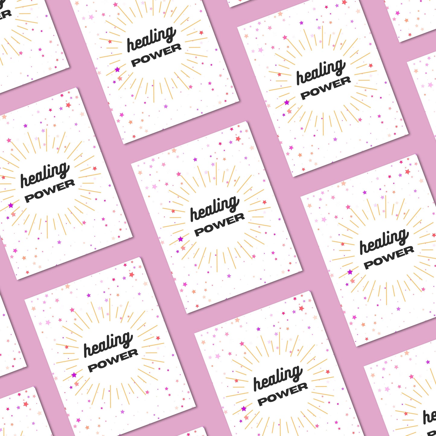 Funny get well soon card with stars and the phrase "Healing Power", perfect for sending cheerful recovery wishes, positive vibes, and a little cosmic humor to someone feeling sick, down, or going through a tough time.