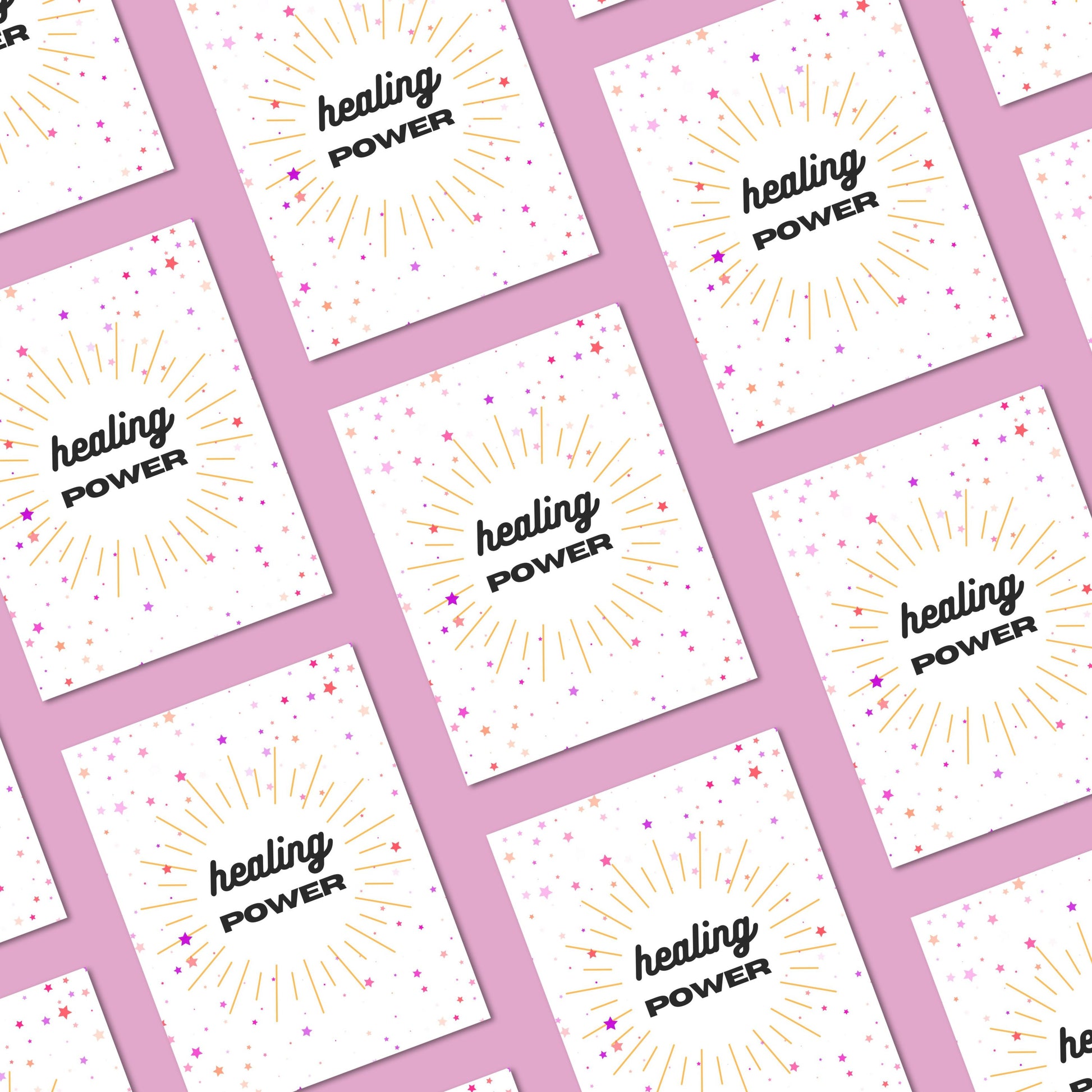 Funny get well soon card with stars and the phrase "Healing Power", perfect for sending cheerful recovery wishes, positive vibes, and a little cosmic humor to someone feeling sick, down, or going through a tough time.