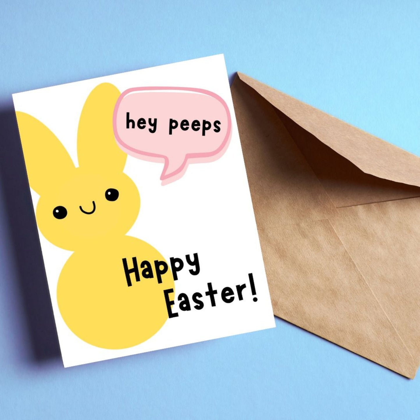 Cute Easter greeting card with a yellow bunny and the phrase "Hey Peeps, Happy Easter" in playful lettering. Perfect for celebrating Easter with friends and family, this fun and festive card is great for bunny lovers and springtime smiles.
