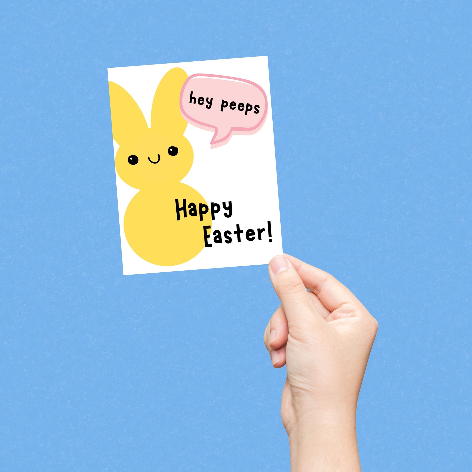 Cute Easter greeting card with a yellow bunny and the phrase "Hey Peeps, Happy Easter" in playful lettering. Perfect for celebrating Easter with friends and family, this fun and festive card is great for bunny lovers and springtime smiles.