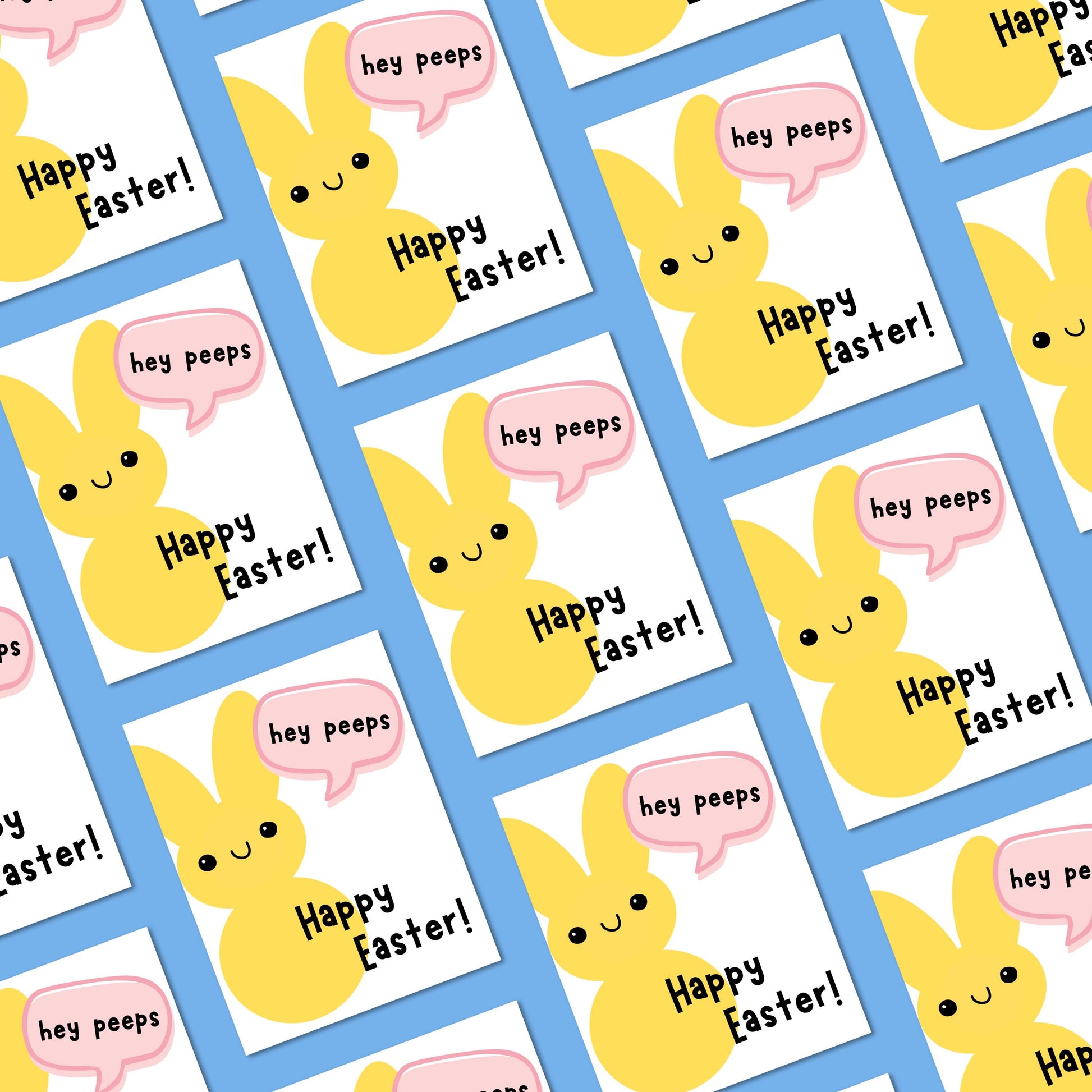 Cute Easter greeting card with a yellow bunny and the phrase "Hey Peeps, Happy Easter" in playful lettering. Perfect for celebrating Easter with friends and family, this fun and festive card is great for bunny lovers and springtime smiles.