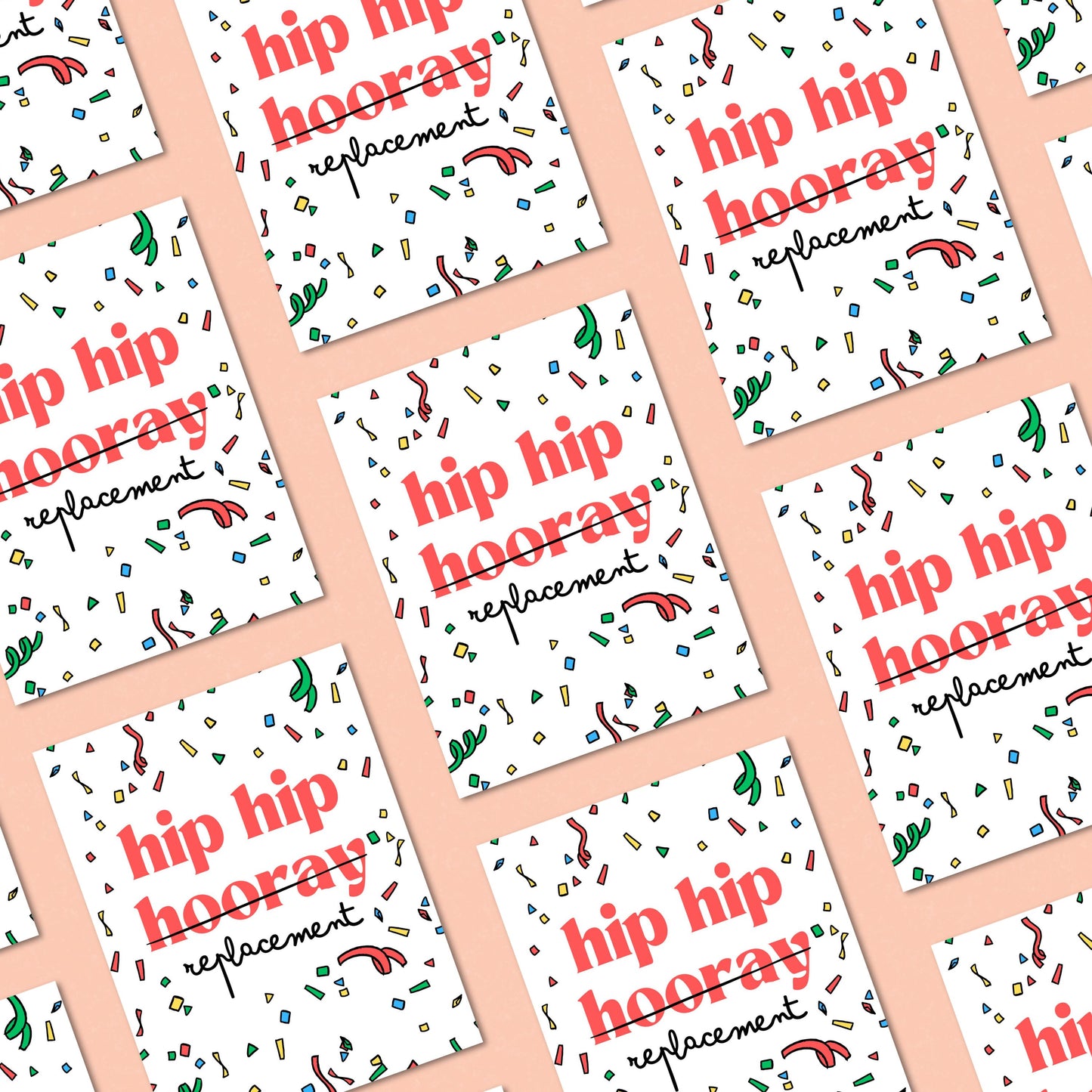 Birthday greeting card with the phrase Hip Hip Hooray Replacement on a confetti-filled background, with "hooray" crossed out and replaced with "replacement." Perfect for celebrating birthdays with a great laugh.