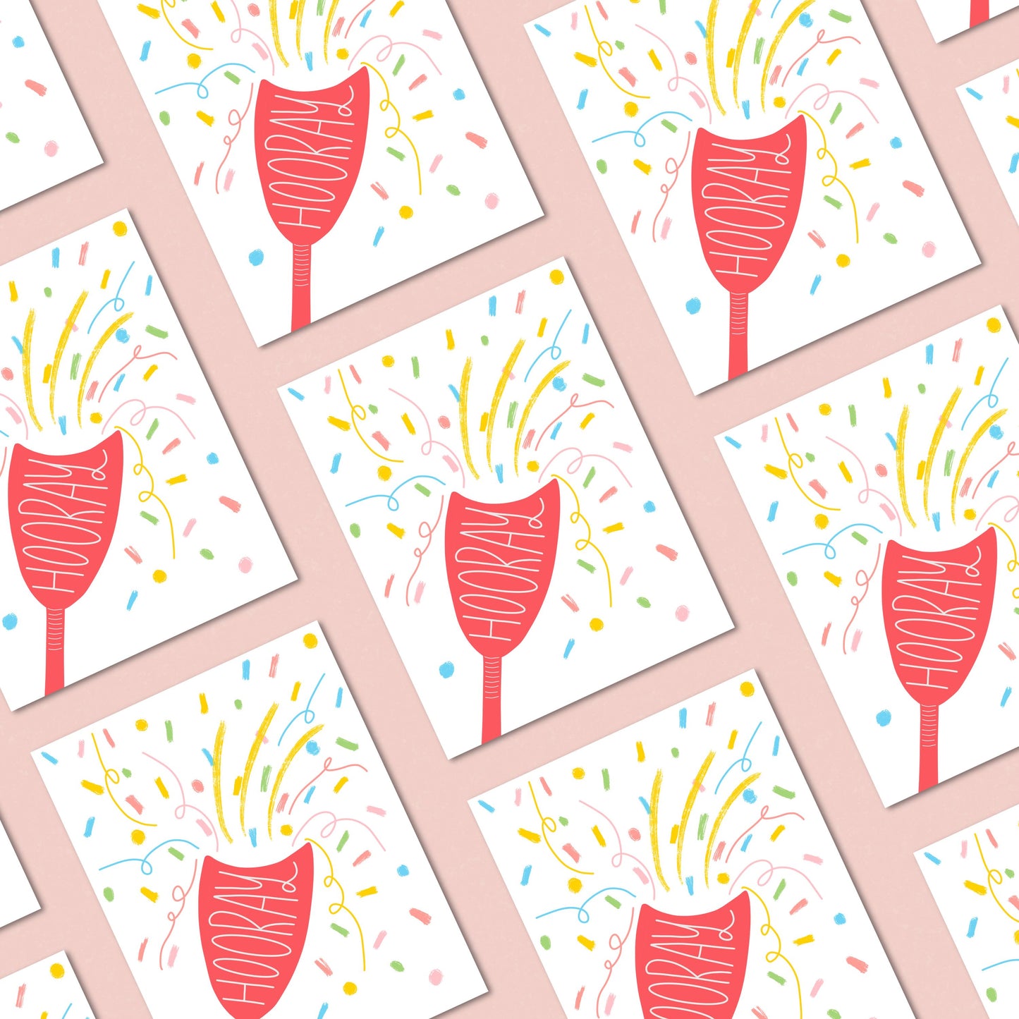 Greeting card with the word Hooray written in a party popper, featuring an original drawing of a party popper and colorful confetti flying out. Perfect for celebrating any joyous occasion with a festive and humorous touch.