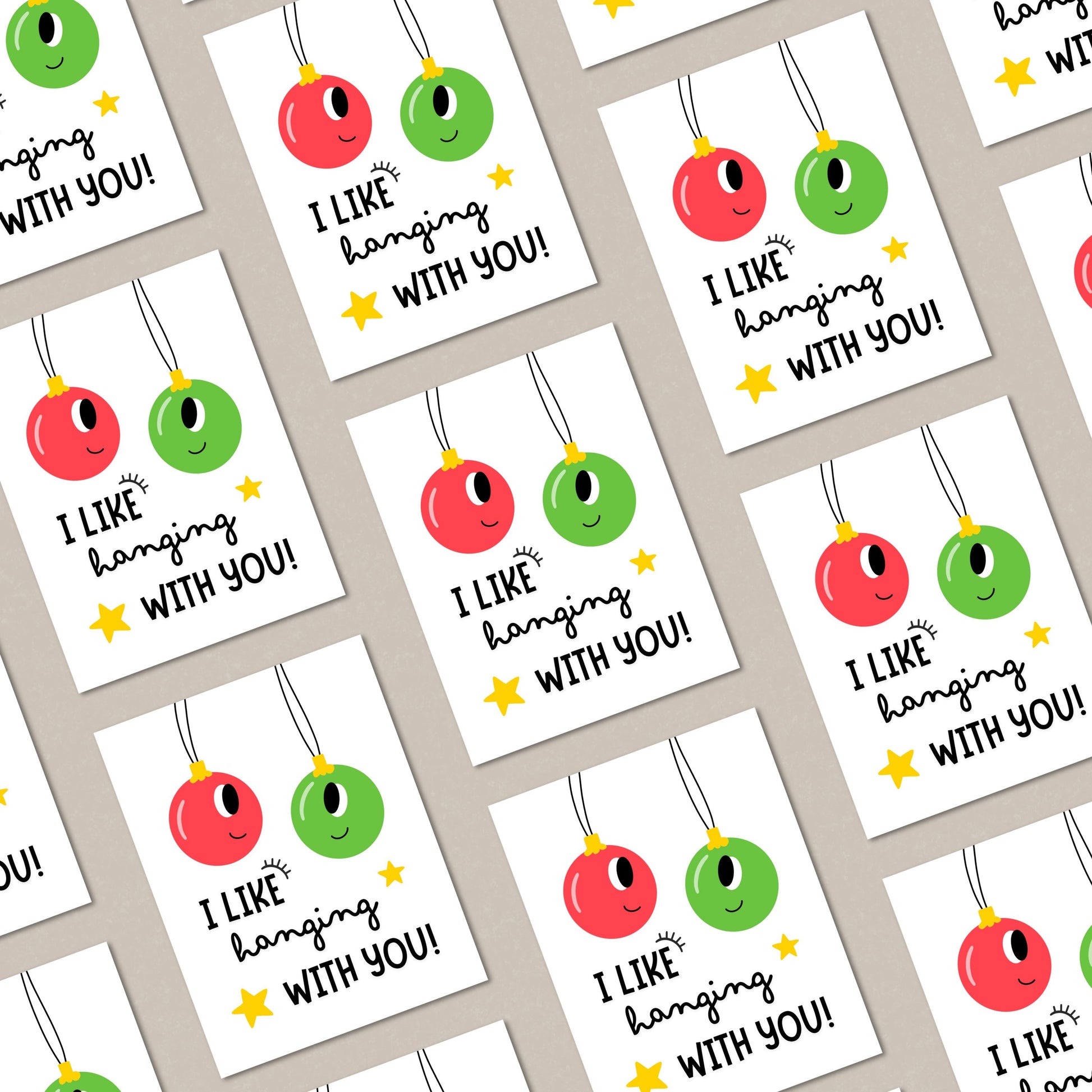 Christmas greeting card with two festive ornaments, one red and one green, and the playful phrase "I Like Hanging With You" in bold letters. Perfect for spreading holiday cheer, this funny card is ideal for friends, family, or loved ones.