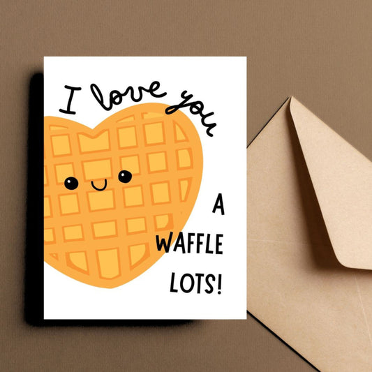 Cute greeting card with a smiling heart-shaped waffle and the pun "I Love You A Waffle Lot." Perfect for Valentine's Day, anniversaries, or just because. Funny food pun card for waffle lovers, printed on high-quality cardstock.
