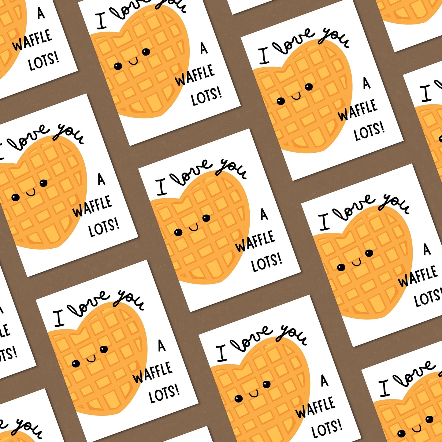 Cute greeting card with a smiling heart-shaped waffle and the pun "I Love You A Waffle Lot." Perfect for Valentine's Day, anniversaries, or just because. Funny food pun card for waffle lovers, printed on high-quality cardstock.