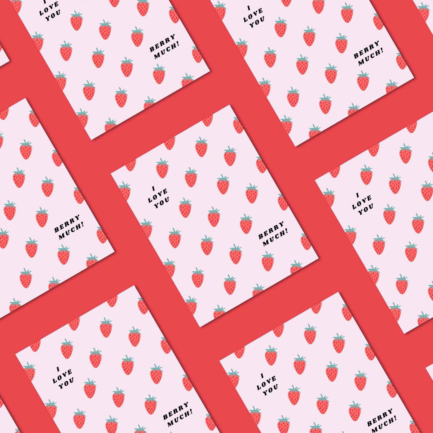 Greeting card with the phrase I Love You Berry Much on a pink background filled with little strawberries. Perfect for expressing love and appreciation with humor and charm.