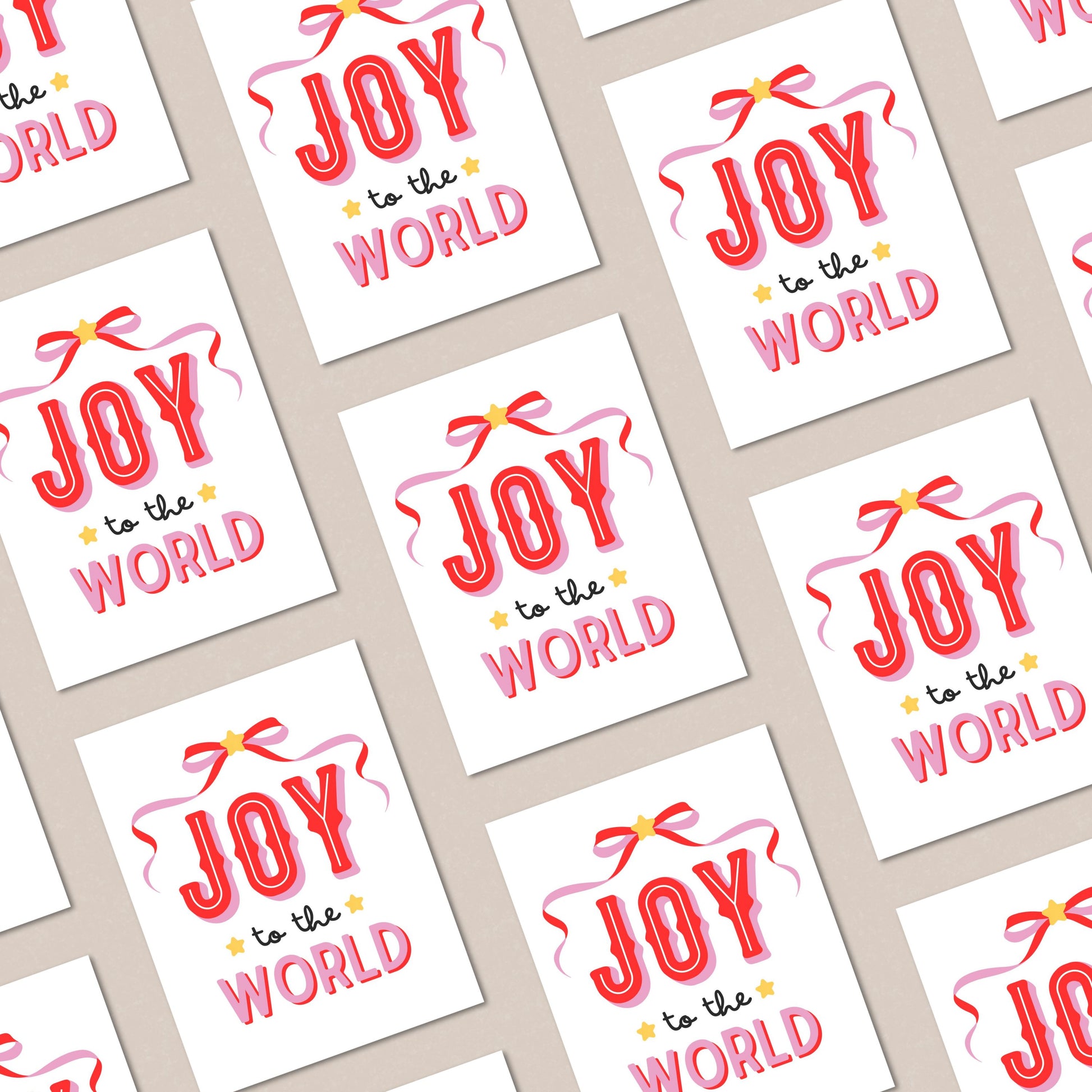 Christmas greeting card with a pink and red bow design, featuring the festive phrase Joy To The World in bold lettering, perfect for spreading holiday cheer with a fun and playful touch.