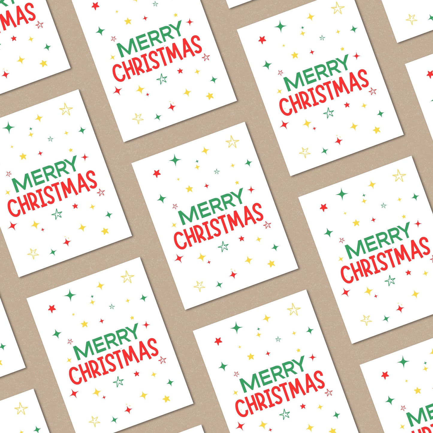 Festive Christmas greeting card with the words Merry Christmas surrounded by green, red, and yellow stars, perfect for holiday cheer and seasonal wishes, vibrant and colorful holiday stationery.