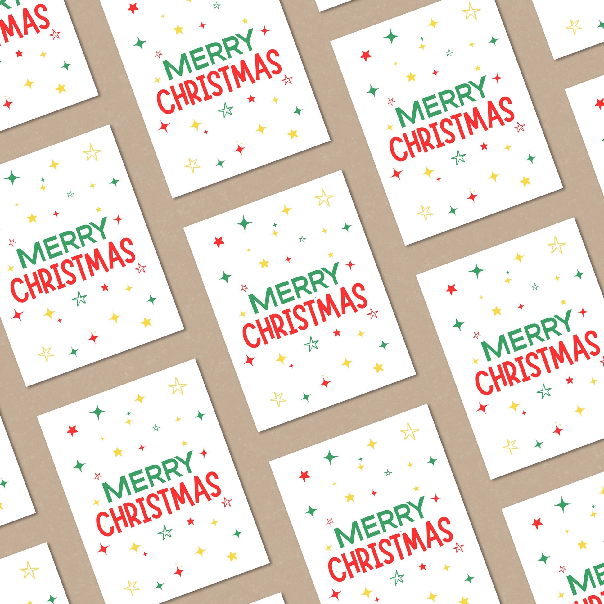 Festive Christmas greeting card with the words Merry Christmas surrounded by green, red, and yellow stars, perfect for holiday cheer and seasonal wishes, vibrant and colorful holiday stationery.