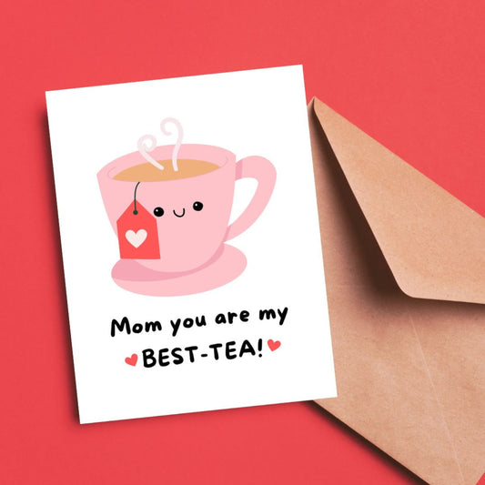 Cute Mother's Day card with a smiling teapot and the pun "Mom You Are My Best-Tea." Perfect for tea lovers, this funny and sweet card is a great way to show appreciation and make mom smile. Ideal for Mother's Day, birthdays, or just because!