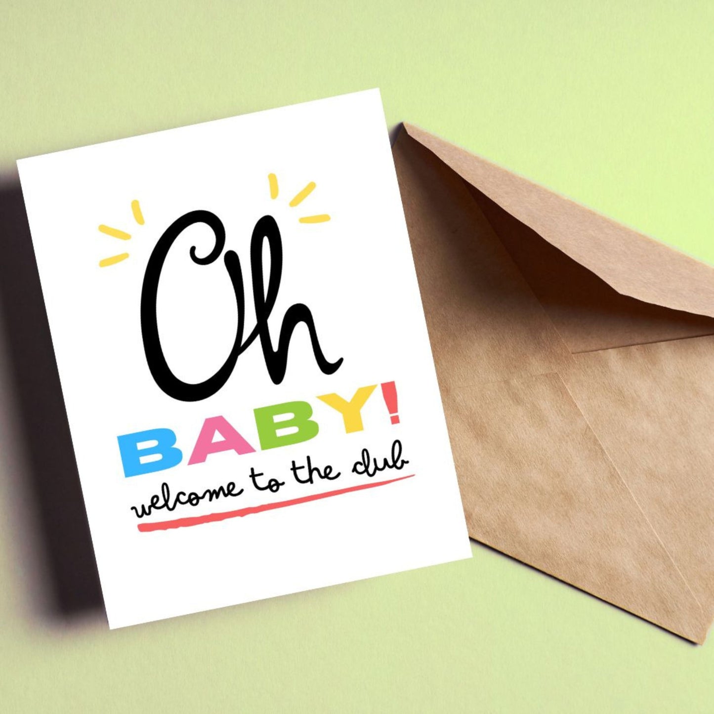 Funny new baby greeting card with the phrase "Oh Baby! Welcome To The Club" in playful typography. Perfect for celebrating new parents, baby showers, or newborn arrivals.