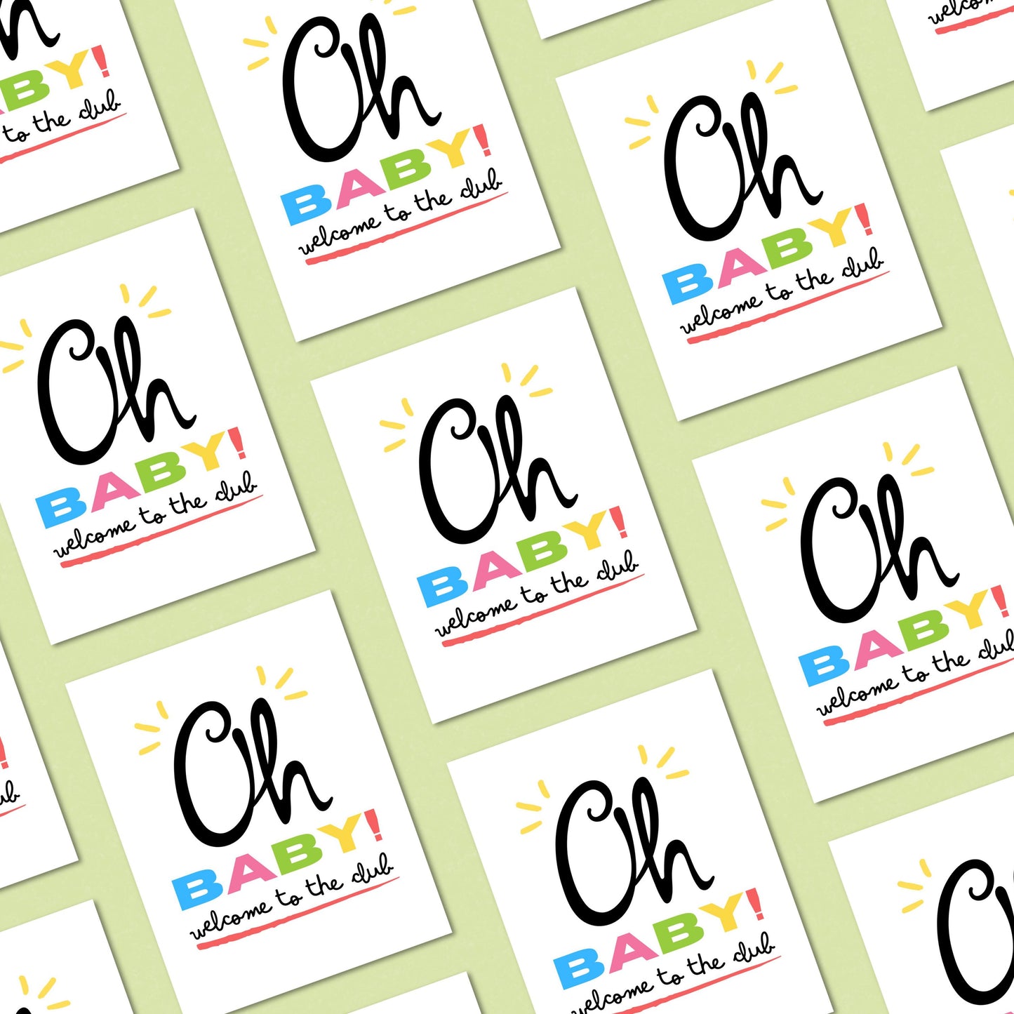 Funny new baby greeting card with the phrase "Oh Baby! Welcome To The Club" in playful typography. Perfect for celebrating new parents, baby showers, or newborn arrivals.