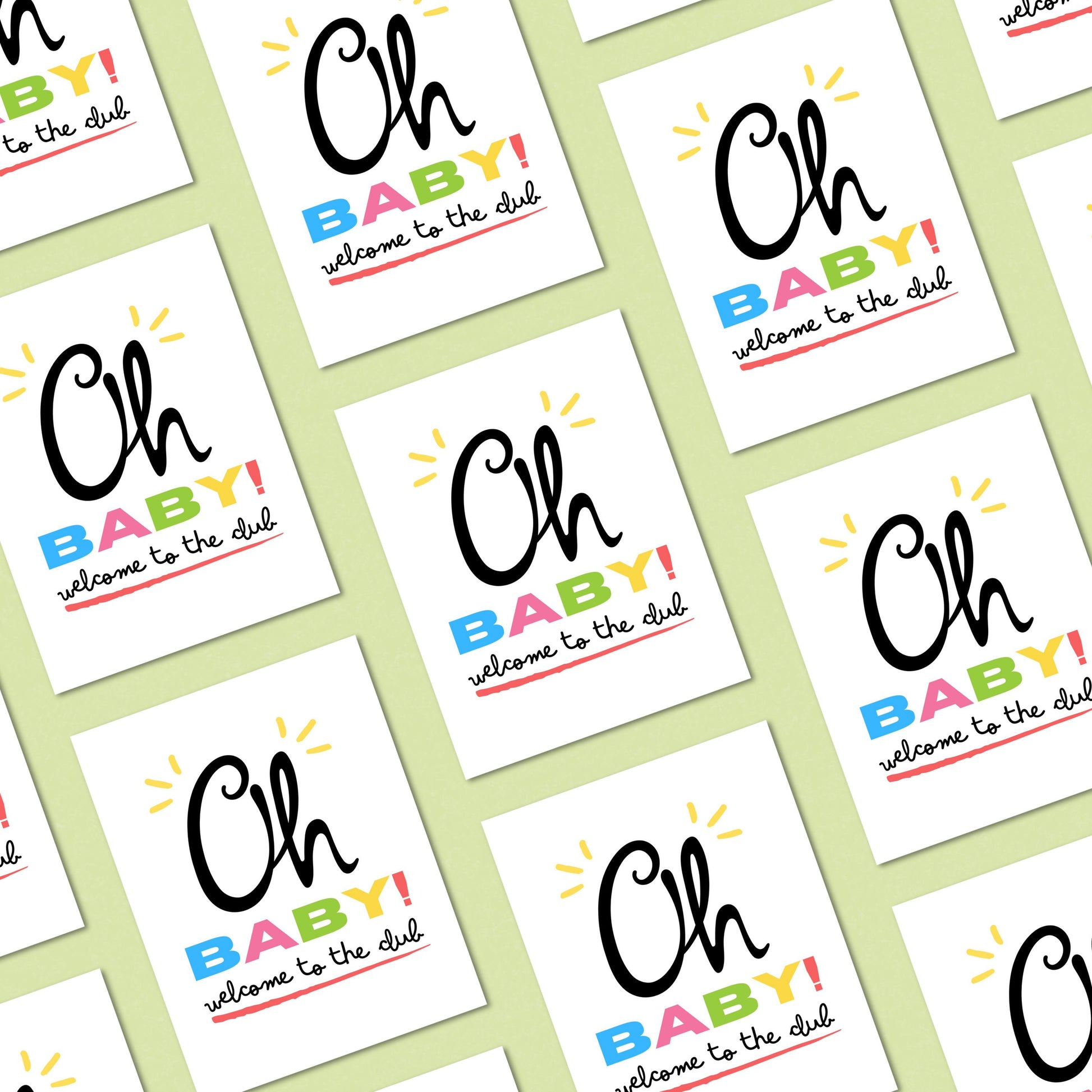 Funny new baby greeting card with the phrase "Oh Baby! Welcome To The Club" in playful typography. Perfect for celebrating new parents, baby showers, or newborn arrivals.
