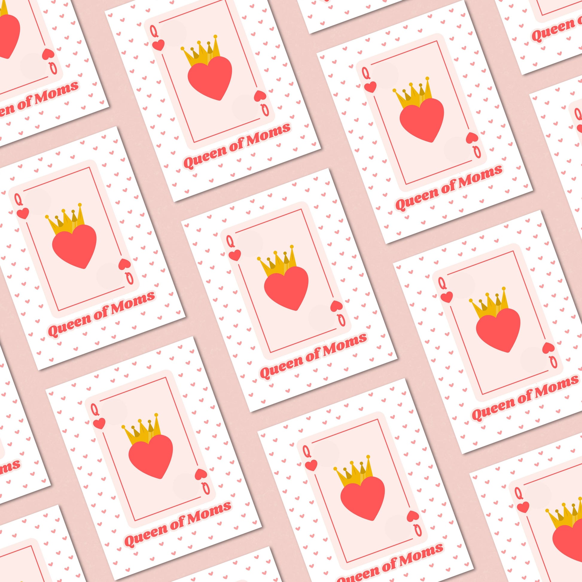 Queen of Moms greeting card featuring a Queen of Hearts playing card design with a crowned heart in the center and a background filled with small red hearts. Perfect for Mother's Day, birthdays, or just because.