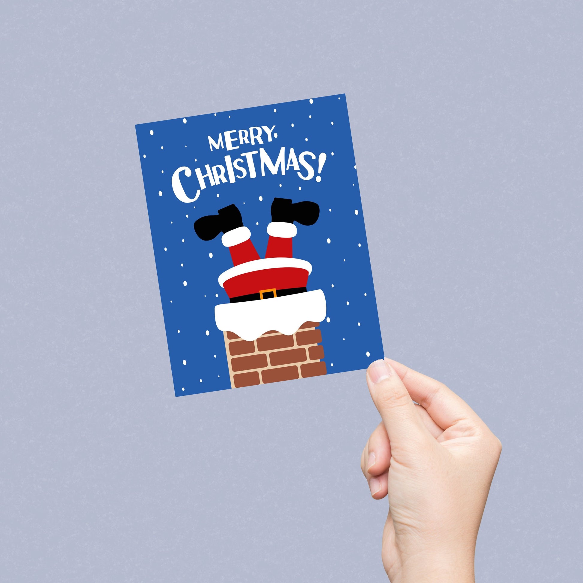 Christmas greeting card with a snowy background, Santa's boots sticking out of a chimney, and the phrase "Merry Christmas" in festive red lettering, perfect for spreading holiday cheer with humor and charm.