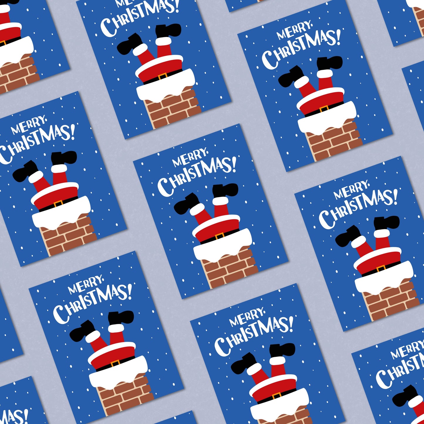 Christmas greeting card with a snowy background, Santa's boots sticking out of a chimney, and the phrase "Merry Christmas" in festive red lettering, perfect for spreading holiday cheer with humor and charm.
