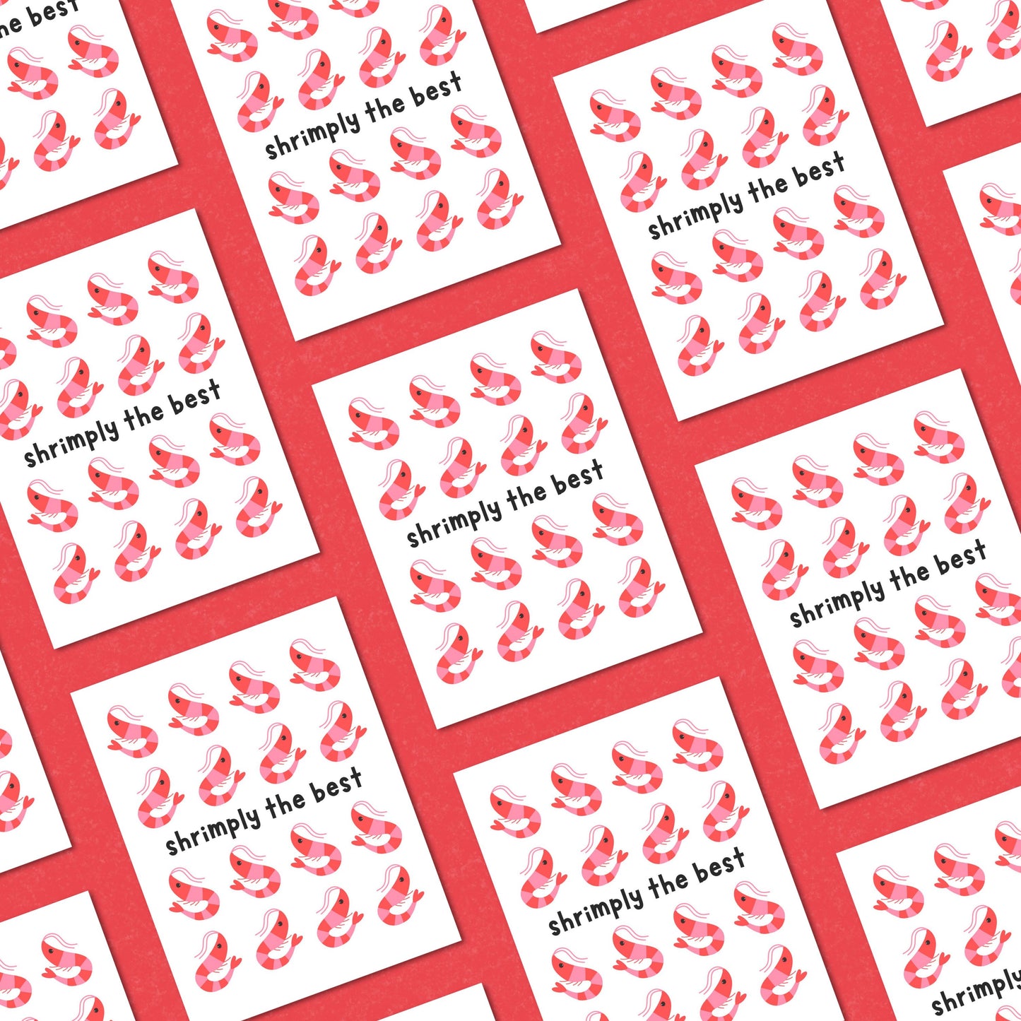 Cute greeting card featuring multiple cartoon shrimp illustrations with the playful phrase Shrimply the Best, perfect for thank you notes, encouragement, or celebrating someone special, printed on premium cardstock
