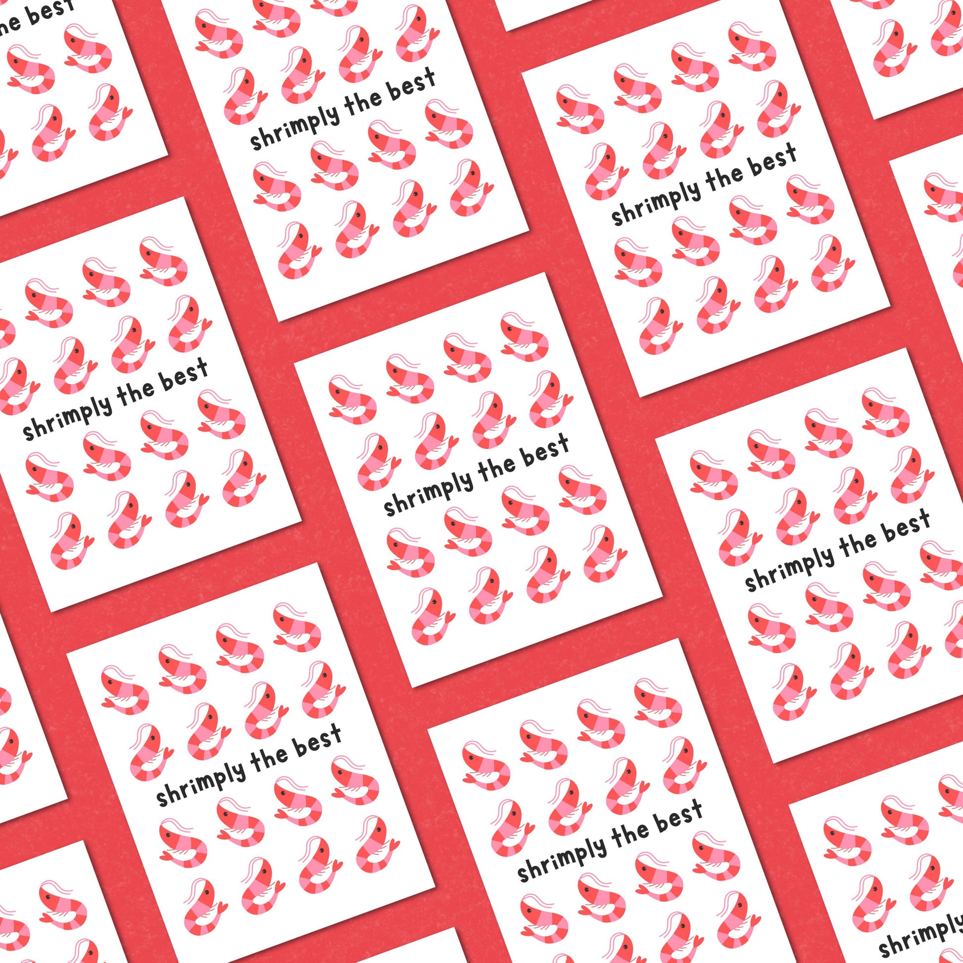 Cute greeting card featuring multiple cartoon shrimp illustrations with the playful phrase Shrimply the Best, perfect for thank you notes, encouragement, or celebrating someone special, printed on premium cardstock