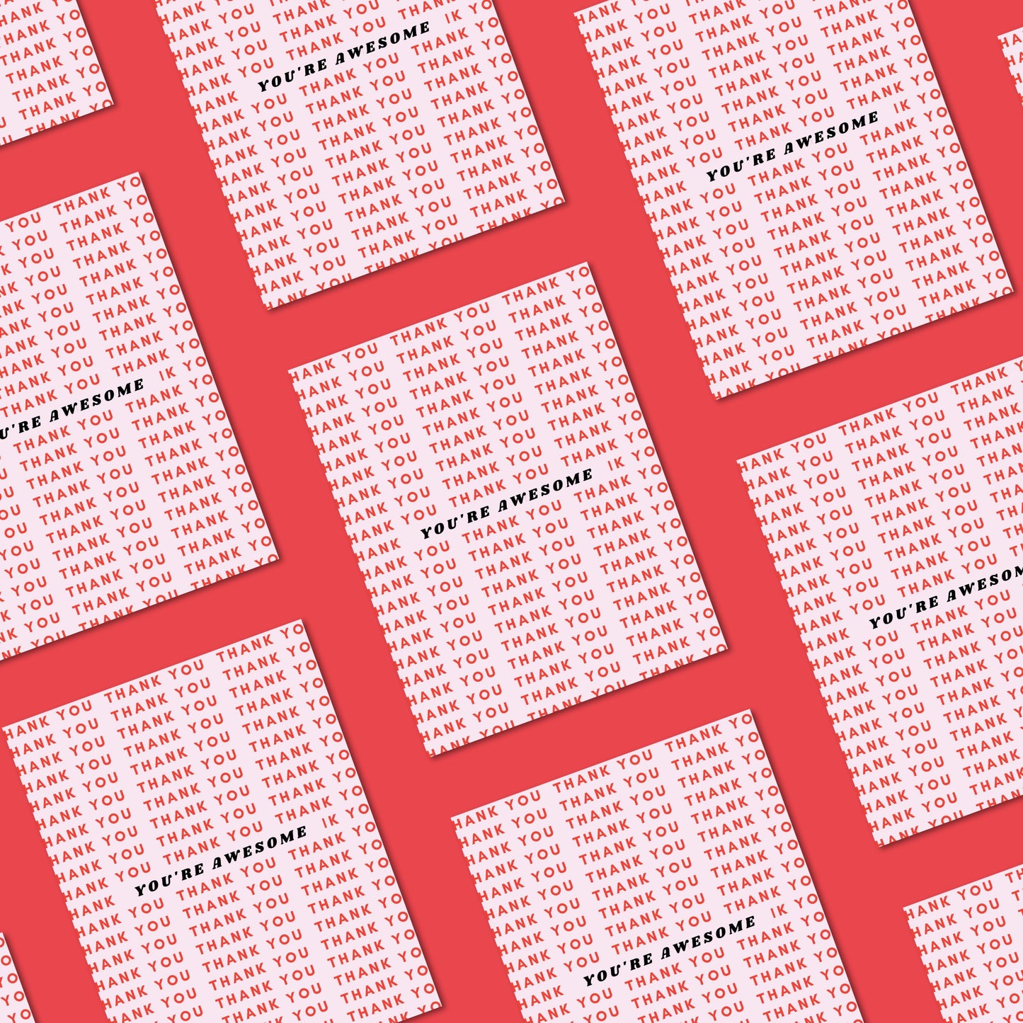 Greeting card with a light pink background featuring Thank You written in red multiple times and You're Awesome in bold black letters at the center. Perfect for expressing gratitude with style.