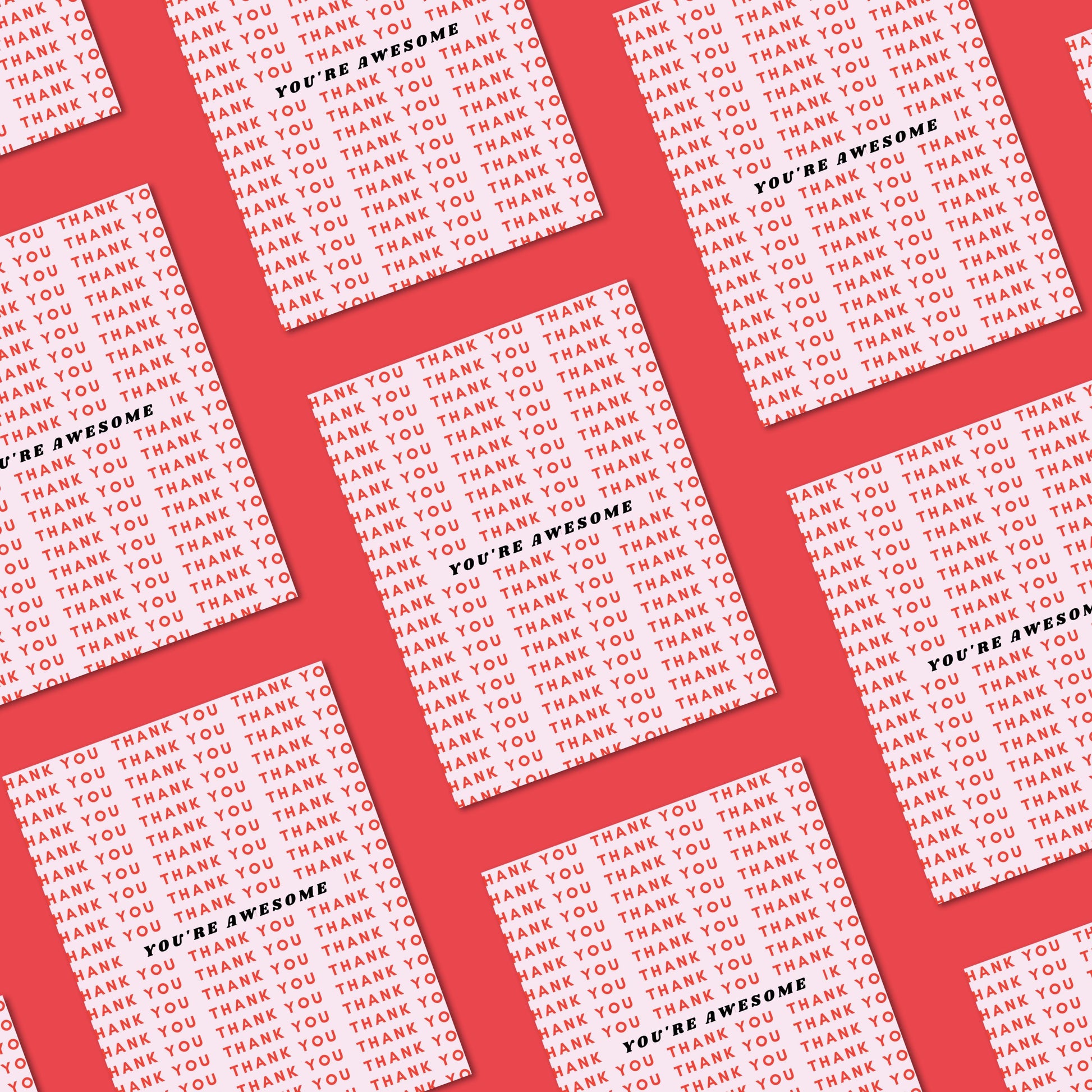 Greeting card with a light pink background featuring Thank You written in red multiple times and You're Awesome in bold black letters at the center. Perfect for expressing gratitude with style.