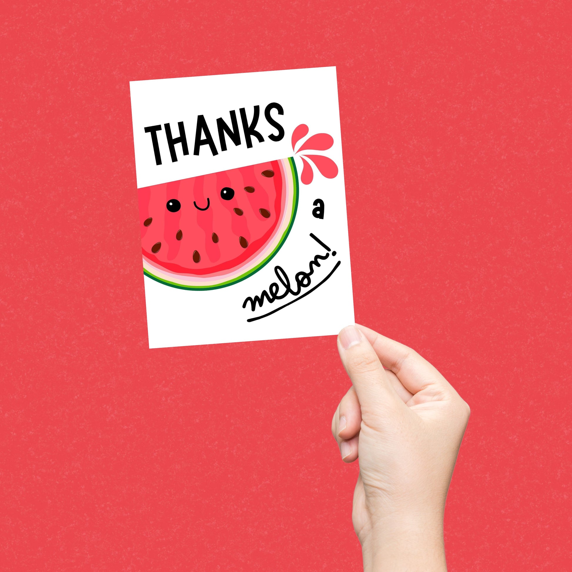 Cute thank you card with a smiling watermelon illustration and the phrase "Thanks A Melon" in bold letters. Perfect for teacher appreciation, friendship, coworker gifts, or funny thank you card lovers.