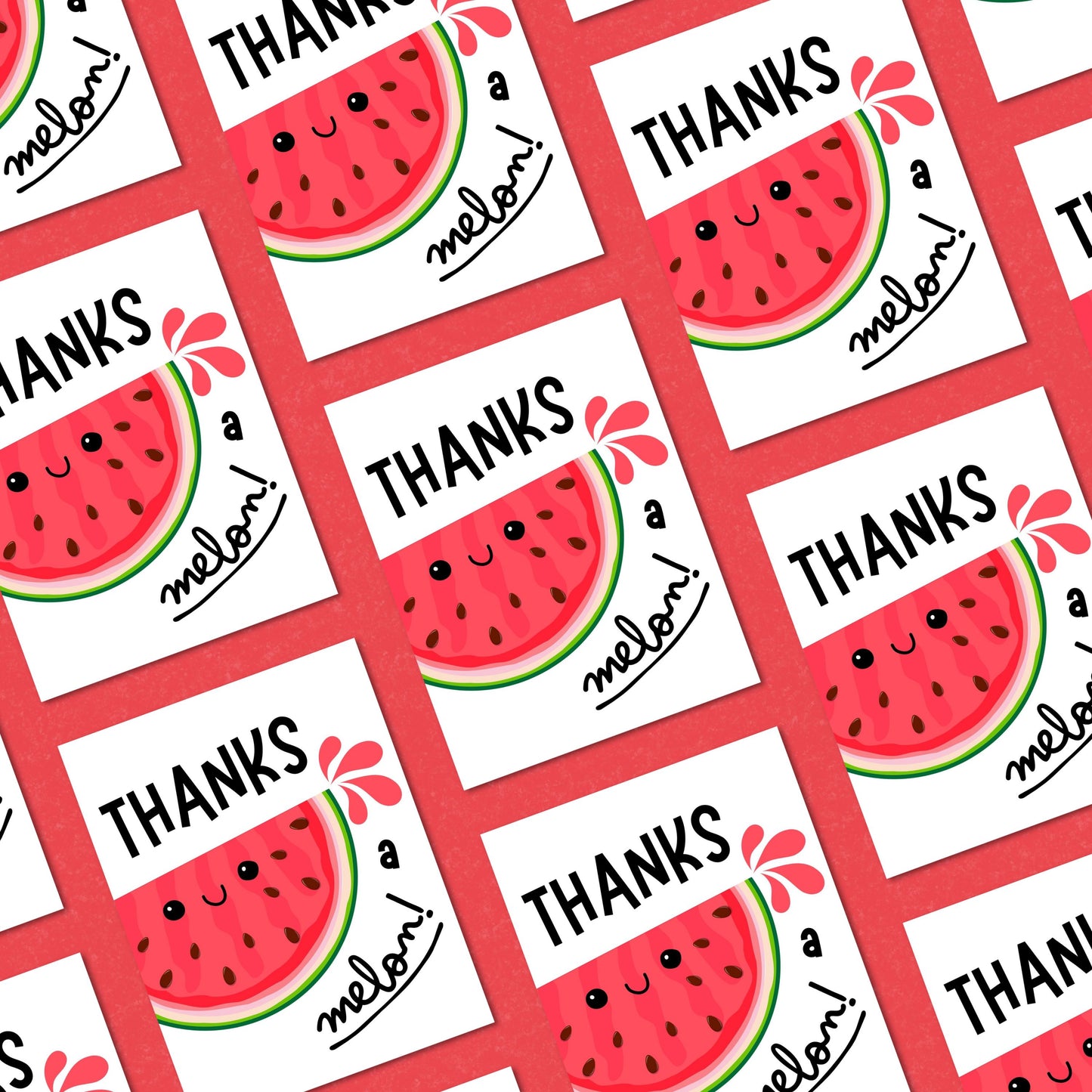 Cute thank you card with a smiling watermelon illustration and the phrase "Thanks A Melon" in bold letters. Perfect for teacher appreciation, friendship, coworker gifts, or funny thank you card lovers.