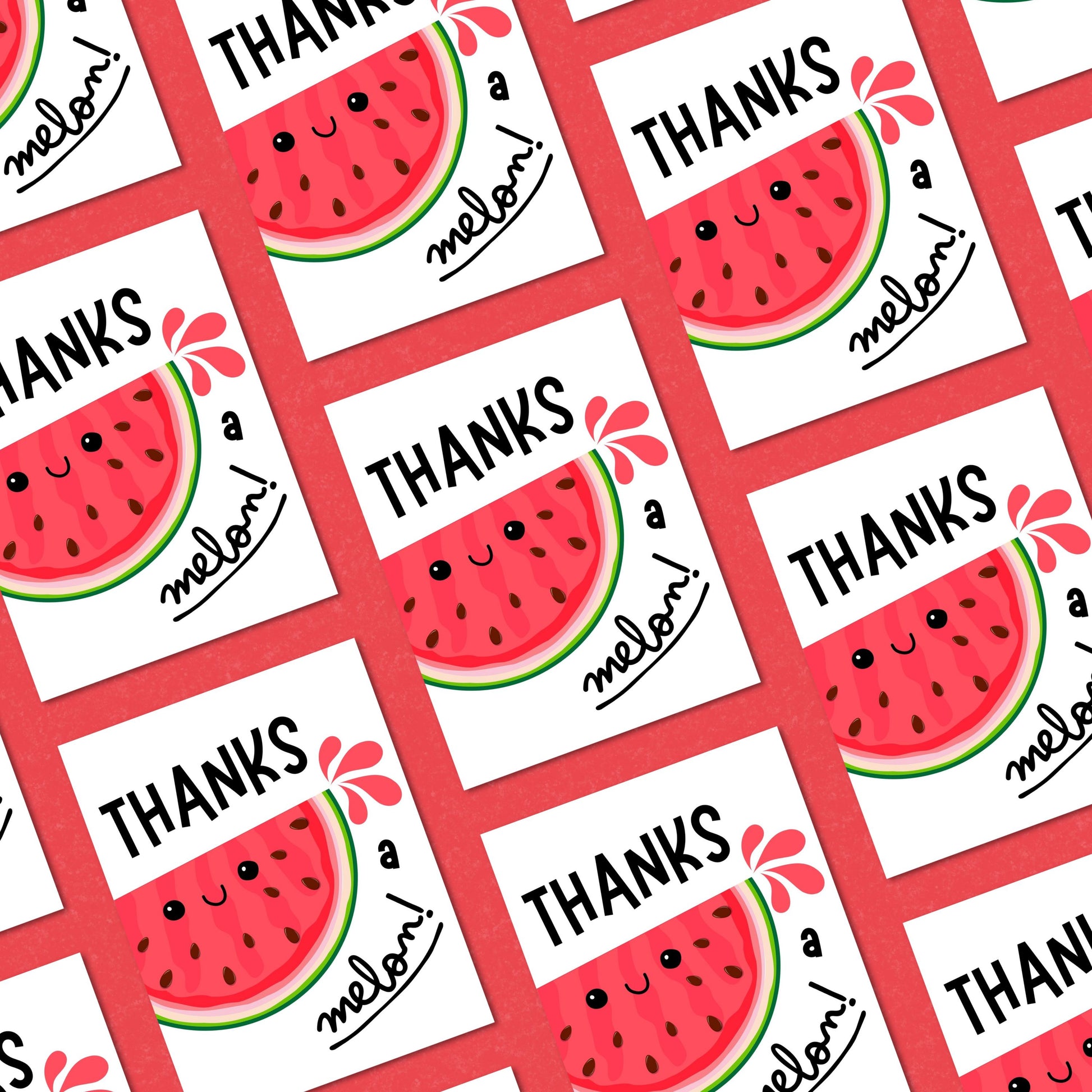 Cute thank you card with a smiling watermelon illustration and the phrase "Thanks A Melon" in bold letters. Perfect for teacher appreciation, friendship, coworker gifts, or funny thank you card lovers.