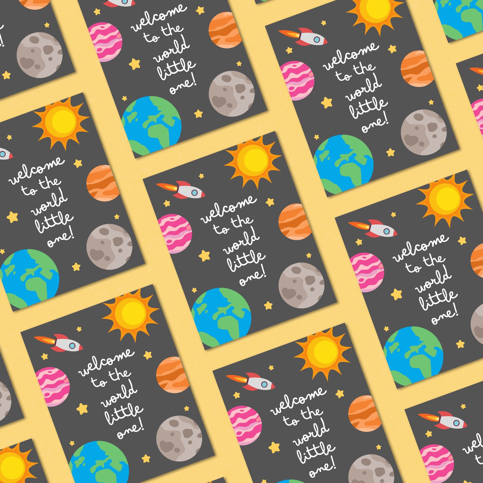 "Welcome to the World Little One" greeting card featuring cute hand-drawn planets and a rocket design, perfect for celebrating a newborn baby with a fun, space-themed touch. Ideal for baby showers, new parents, or welcoming a little astronaut.