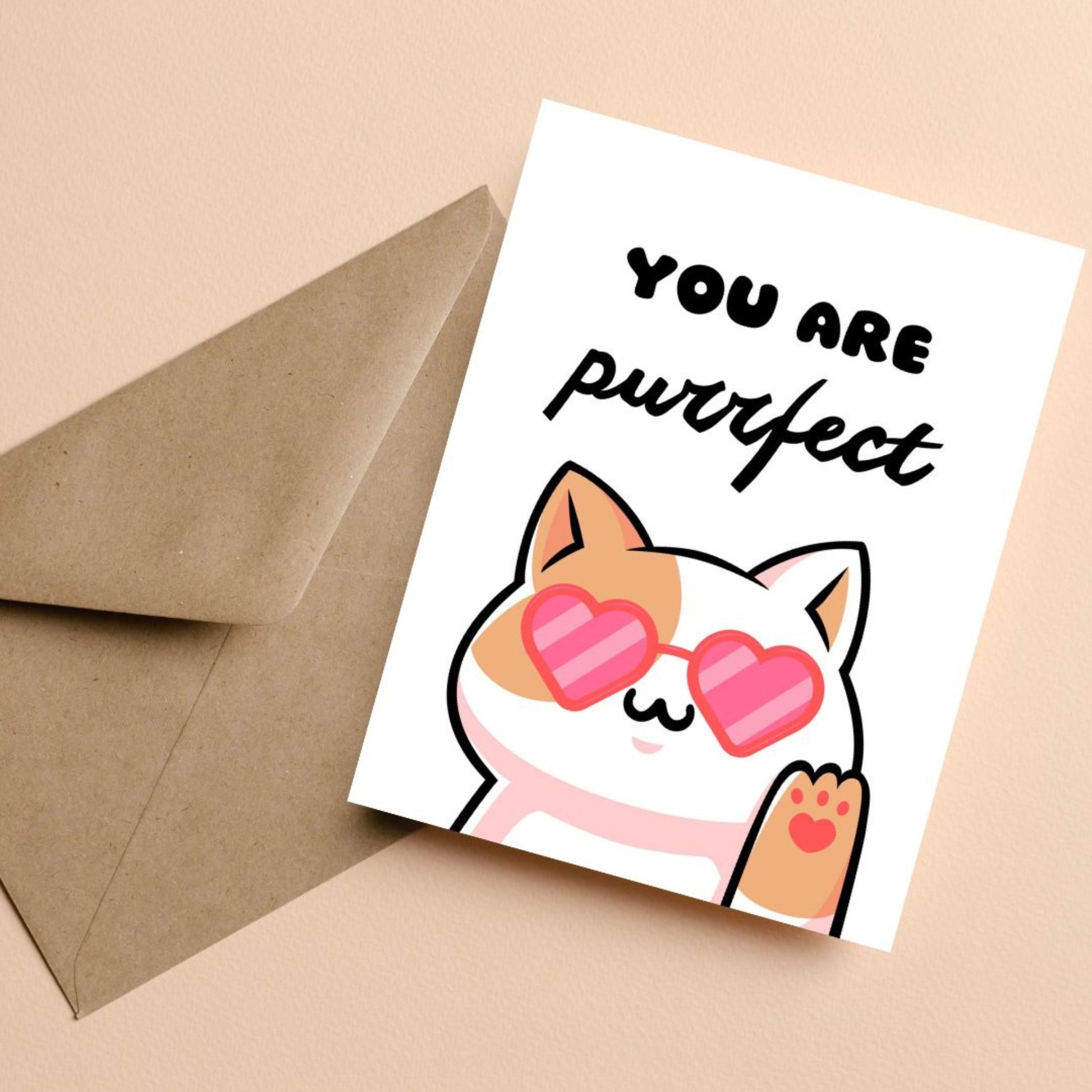 Cute cat greeting card with heart-shaped sunglasses and the pun "You Are Purrfect." Perfect for cat lovers, Valentine's Day, anniversaries, or just because. Funny and adorable feline-themed card to make someone smile.