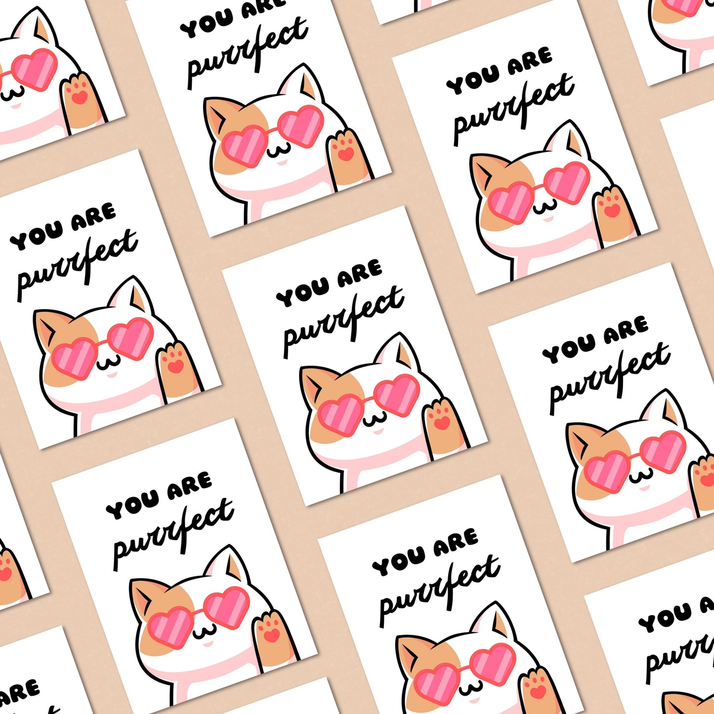 Cute cat greeting card with heart-shaped sunglasses and the pun "You Are Purrfect." Perfect for cat lovers, Valentine's Day, anniversaries, or just because. Funny and adorable feline-themed card to make someone smile.